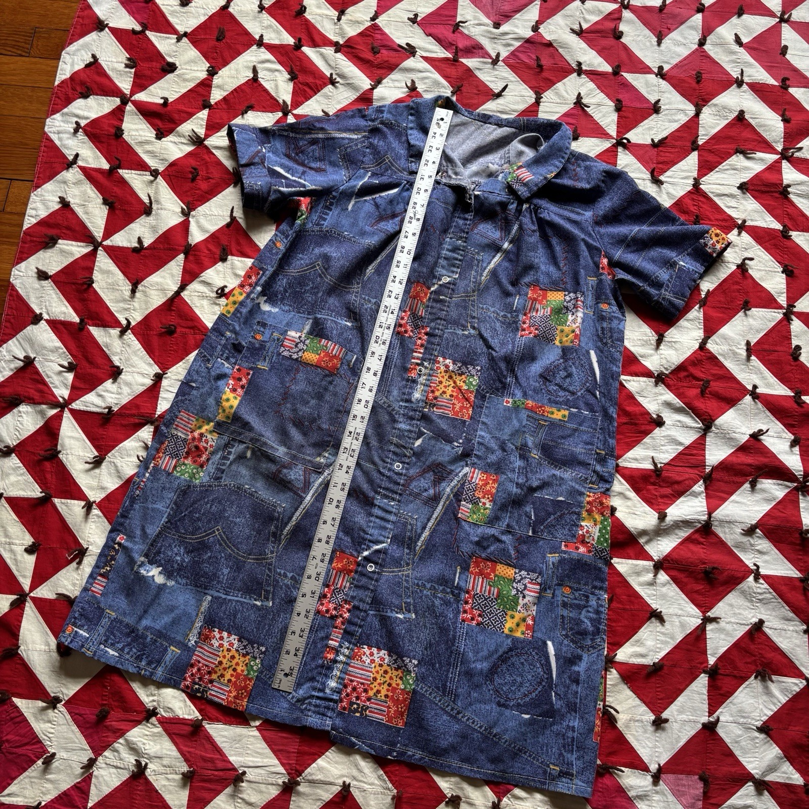 Vintage 1970s Patchwork Print Smock Dress Women’s Poly Blend As Is Hippie