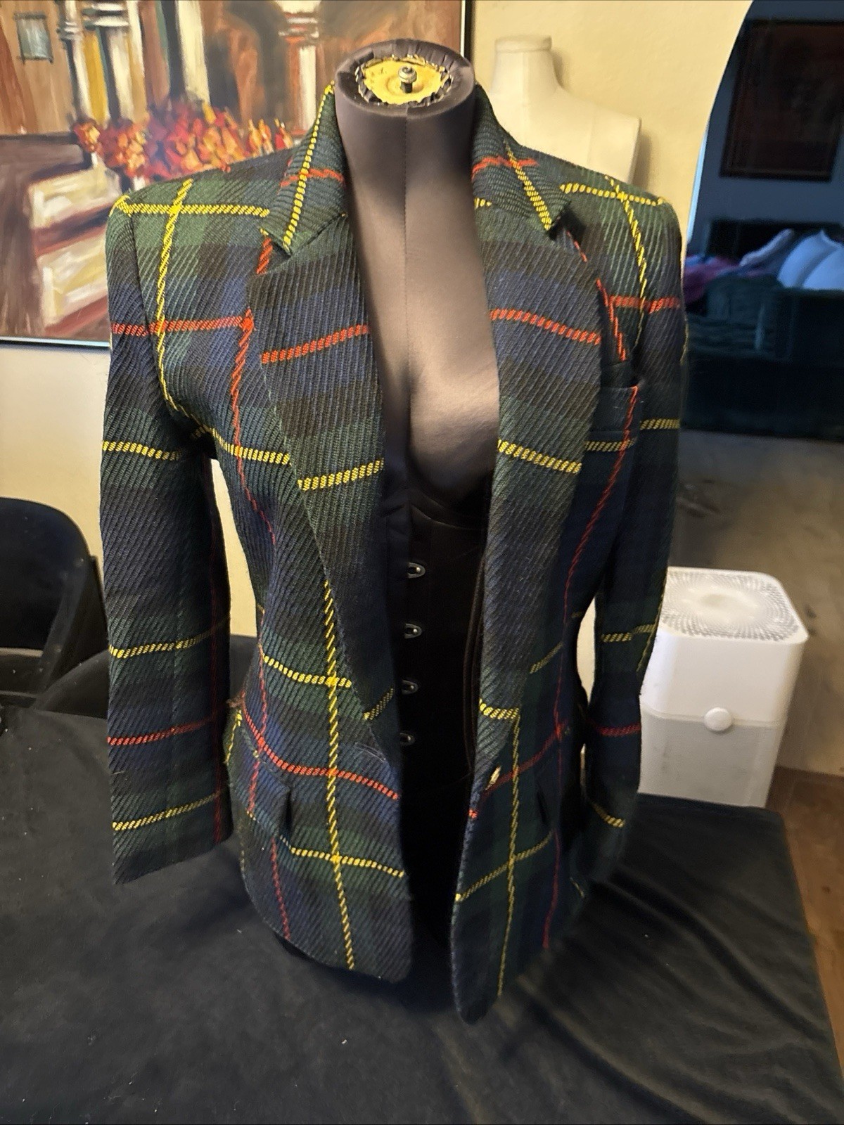 Vintage 1980s Green, Yellow, Red School Girl Plaid Blazer Jacket Button Size Sm