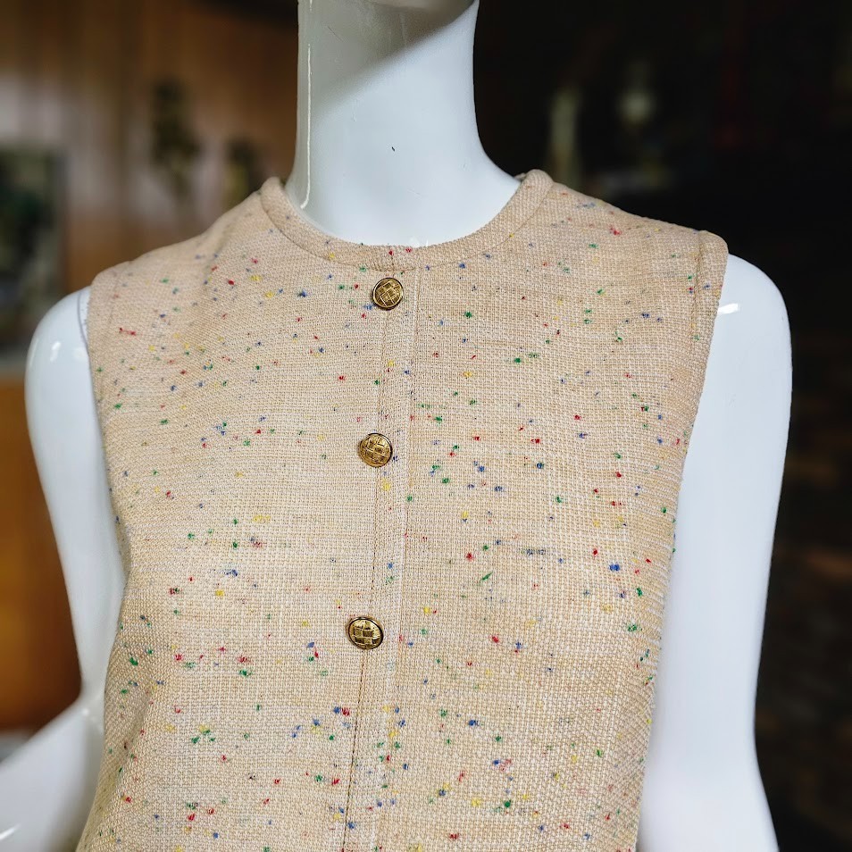Vtg 70s Mod Rainbow Confetti Knit Oatmeal Stripe Blazer + Mini Shift Dress M/L
