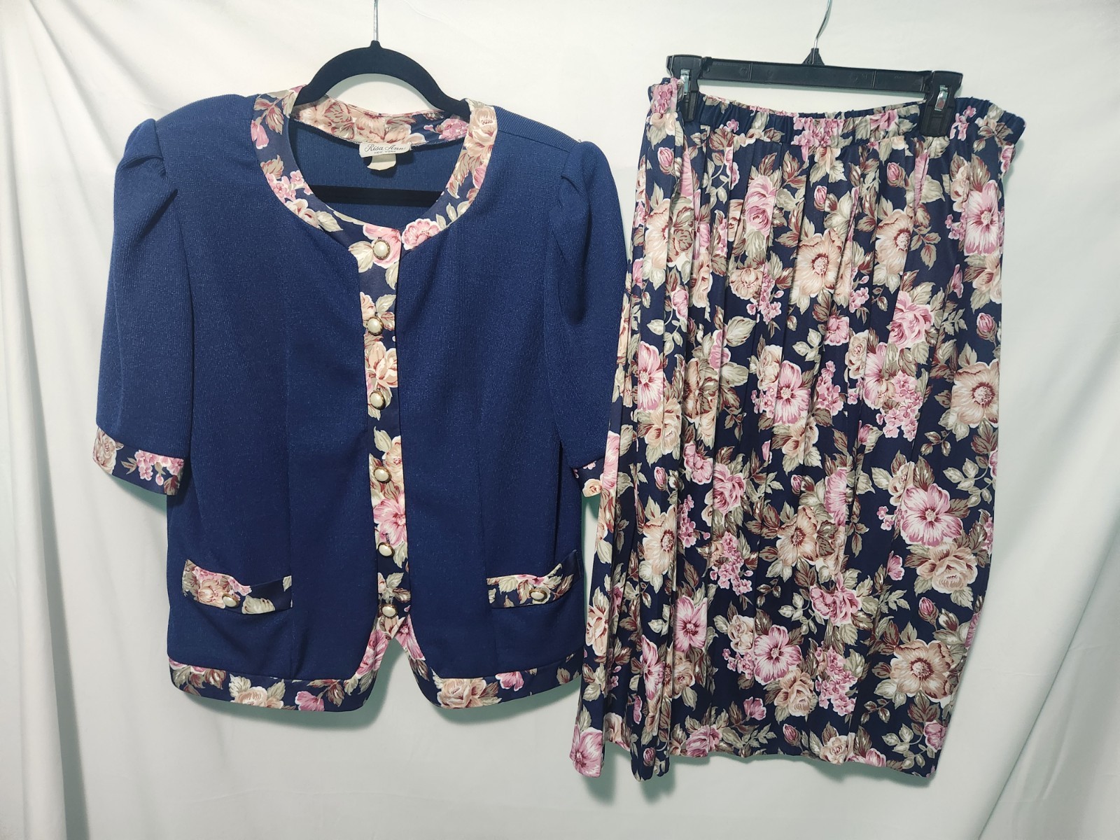 Vintage 80s Risa Ann Blue & Pink Floral Skirt Suit.