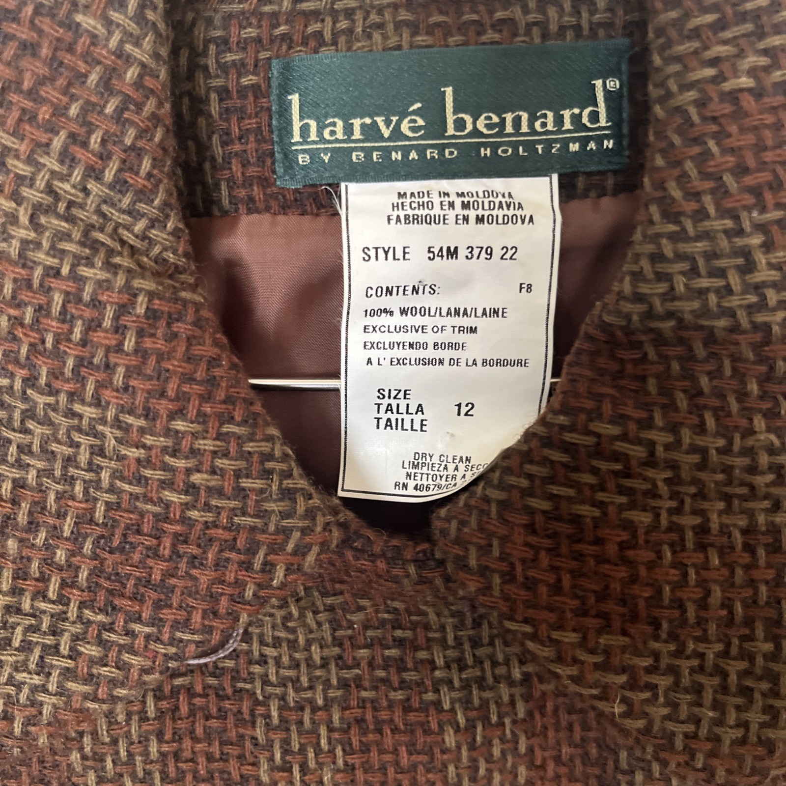 Vtg Size 12 HarveBernard By BernardHoltzman Br. Wool Tweed Dbl Breasted Jacket