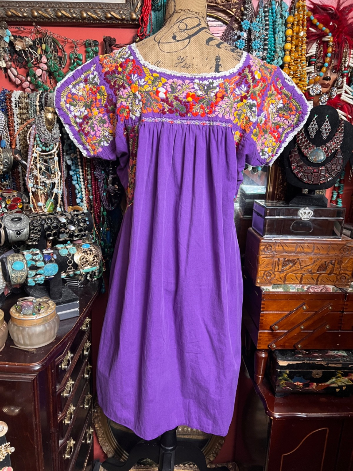 Beautiful Purple Mexico Oaxaca Multi Color Cotton Embroidery White Crochet L/XL