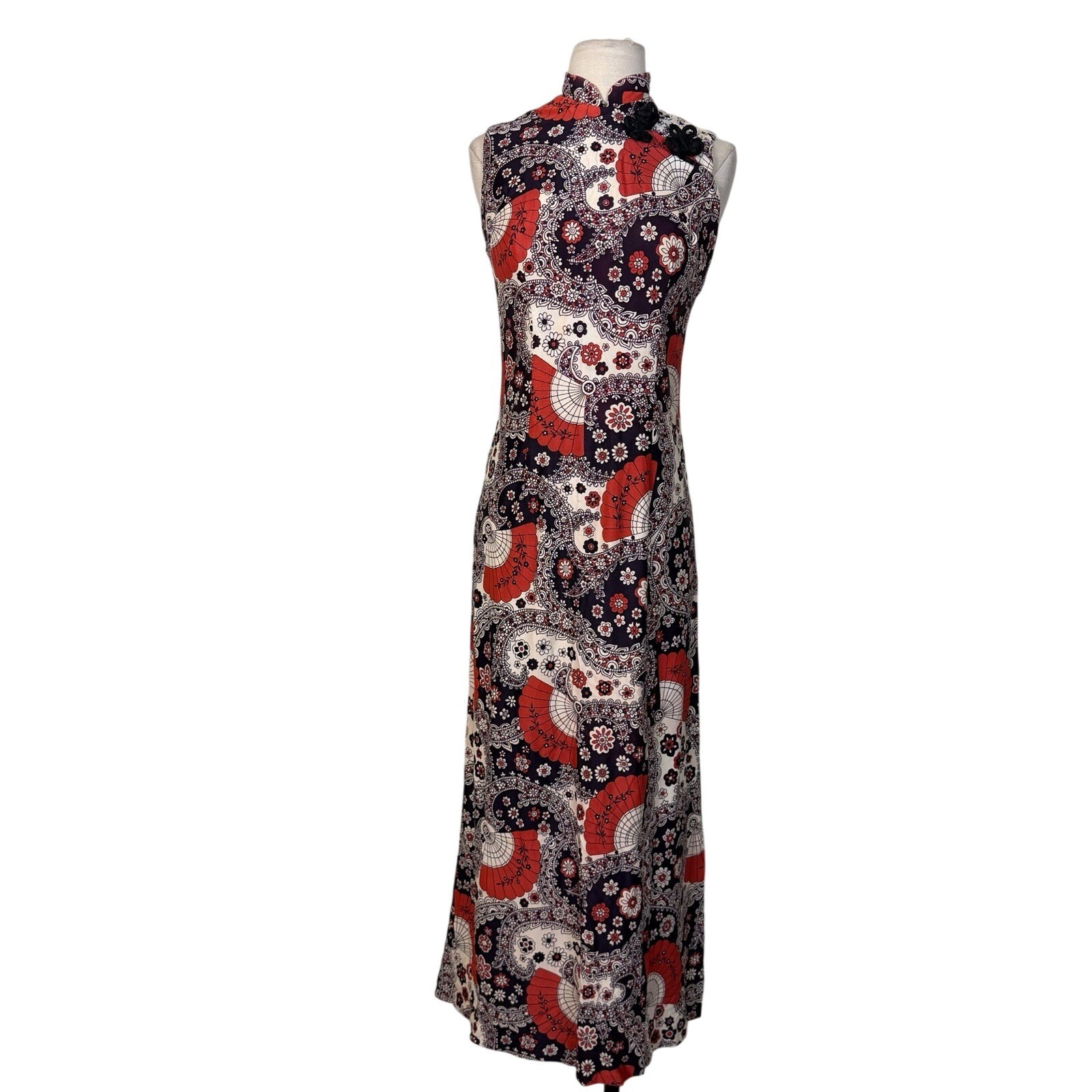 Vintage 1960s Asian Print Maxi Column Dress Sz XS/S Paisley Floral Sexy Costume