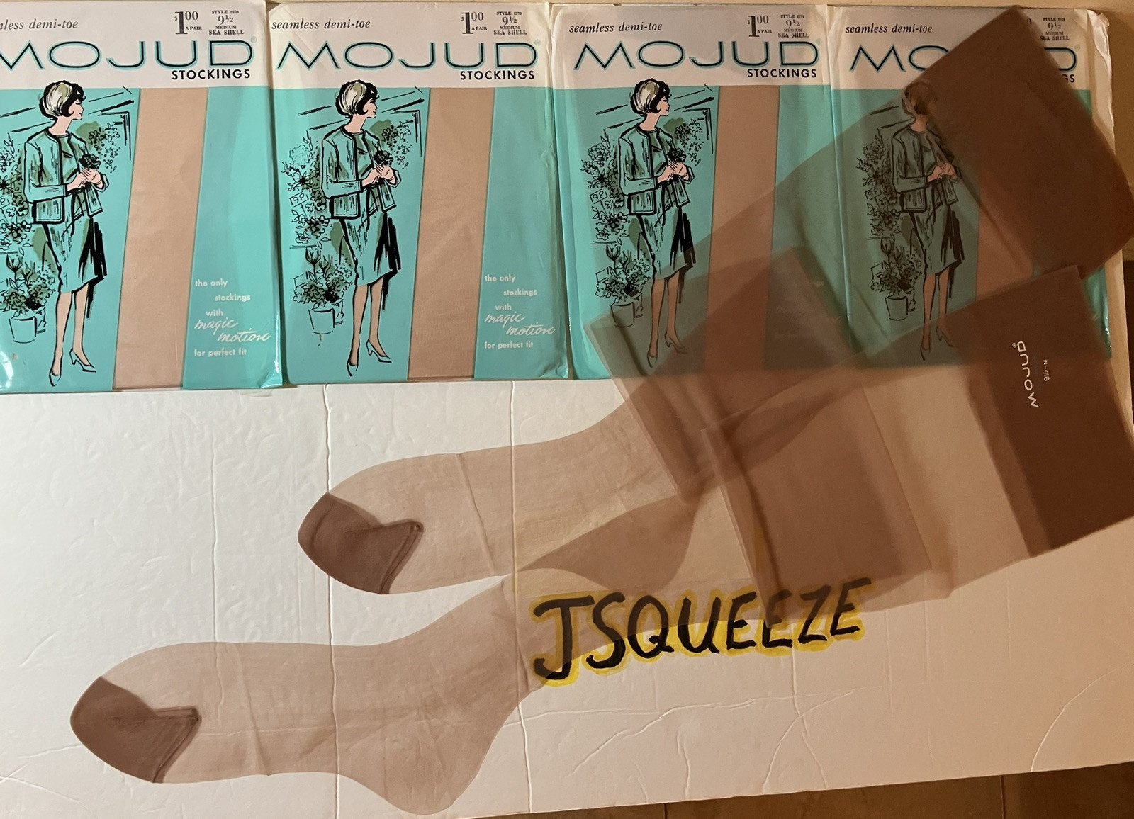 5 Pair VTG FLAT KNIT MOJUD MAGIC MOTION NYLON STOCKINGS GARTER HOSIERY 9 1/2×32”