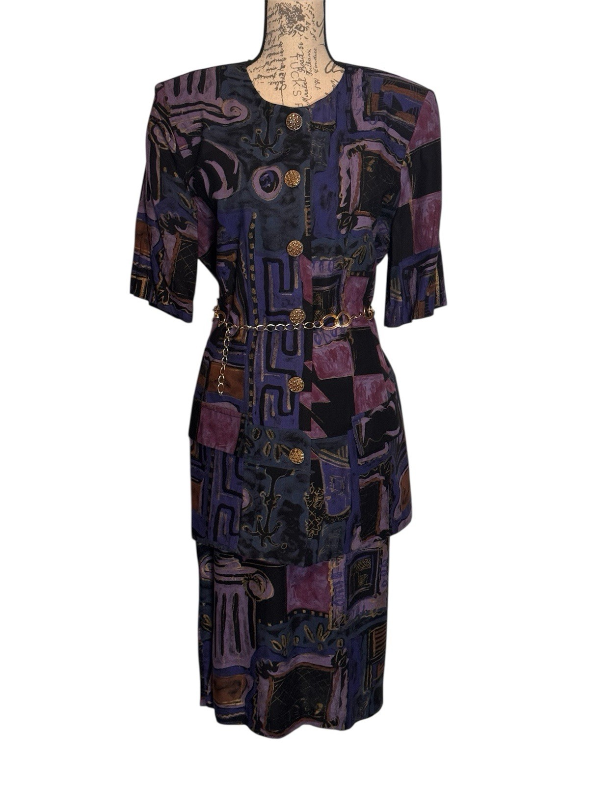 Jeffrey & Dara Vintage Purple Multicolored Geometric Two Piece Shirt Set Size 14