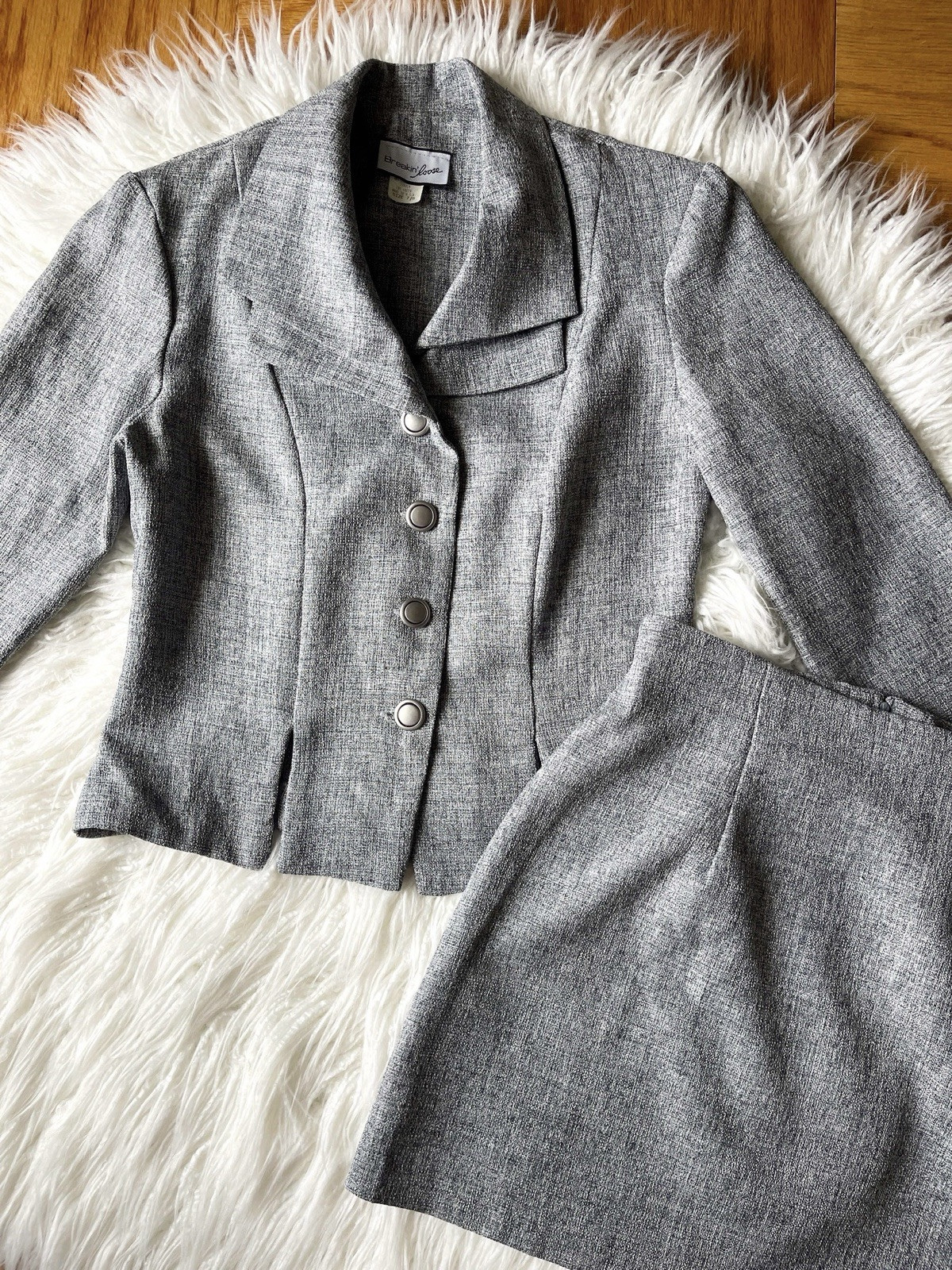 Vtg 90s Gray Tweed Mini Skirt Jacket Set Breakin Loose 7/8