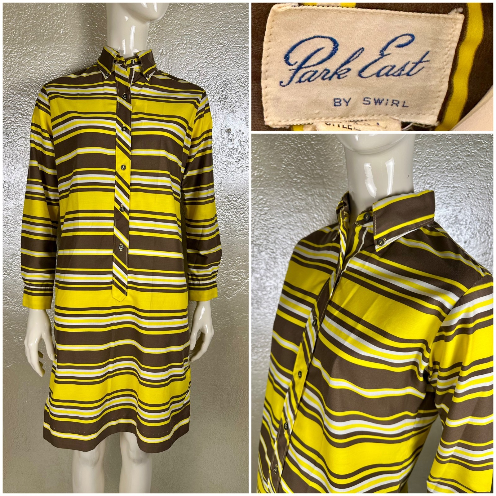 Vintage 1970&rsquo;s PARK EAST by SWIRL Yellow Brown Shirt Dress Long Sleeve MOD