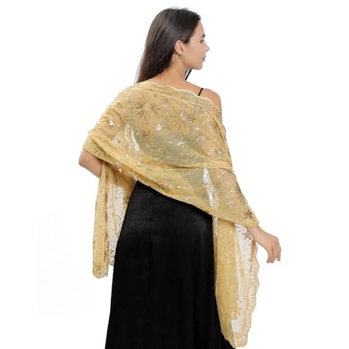 Women shawls and wraps for evening dresses, Sequin Sheer Lace Champagne Gold