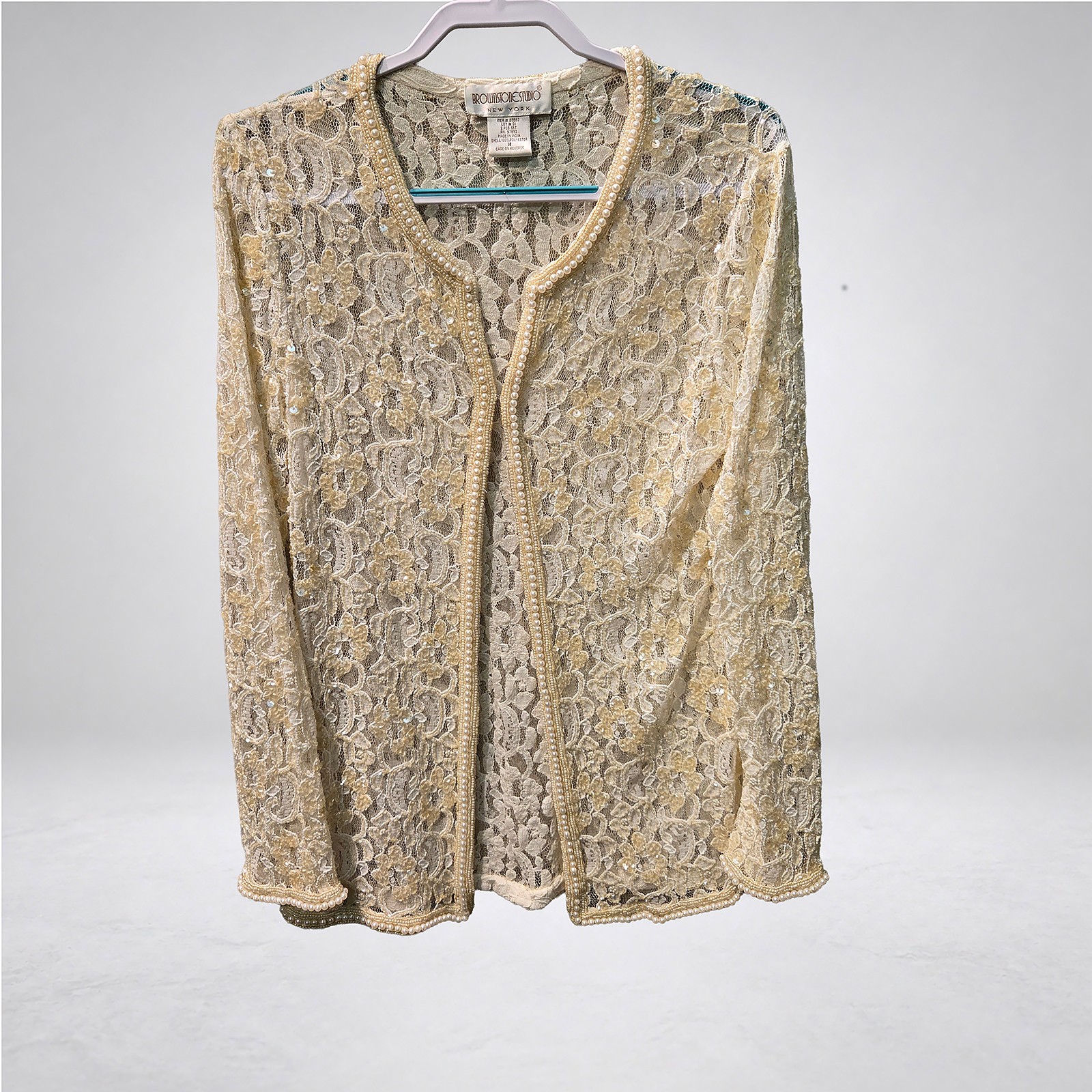 Brownstone Studio New York Lace Jacket Ivory Pearl Trim Sequin Size 14