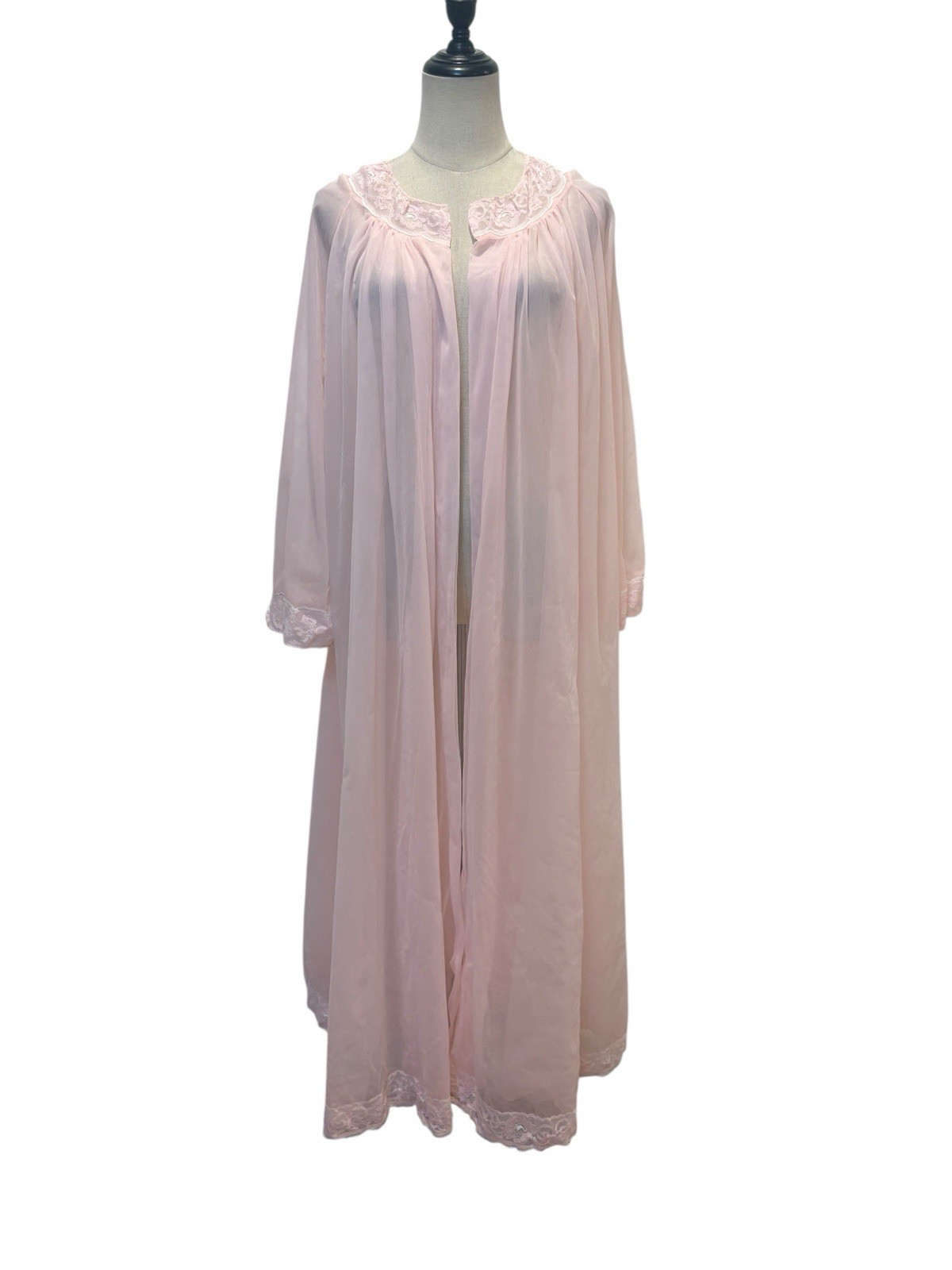 Vtg Pink Sheer Peignoir Robe Open Front Lace Sz L/XL Romantic Boudoir Coquette