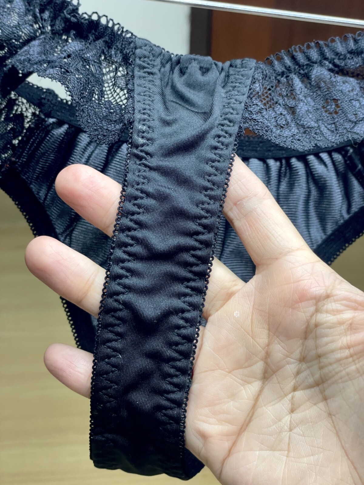 Vtg Deep Black Polyester Spandex String Panty Sz.5~6 Sheer Floral Lace Briefs