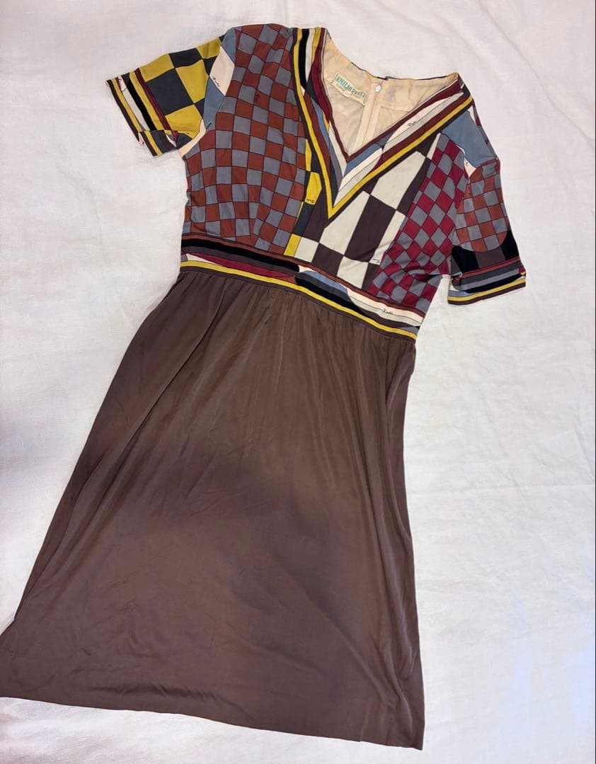 EMILIO PUCCI Back Zipper Dress Silk Blue Geometric Pattern Womens Size10 Vintage