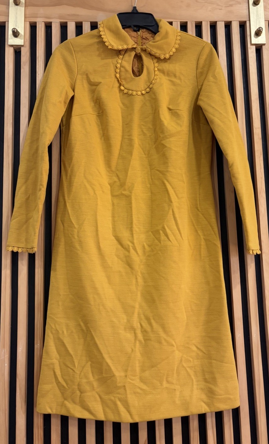 Vtg 1960’s s Toni Todd Mustard Yellow Mod Dress Keyhole Neckl Lace Trim Sz 8