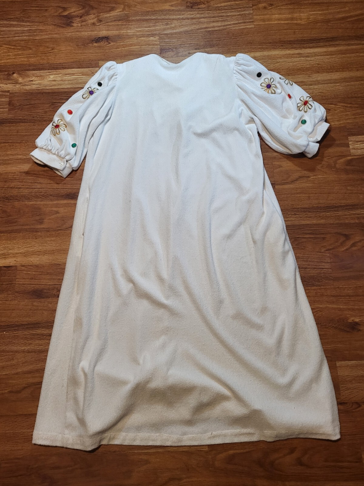 Vintage David Brown Ivory Embroidered Puffed Sleeves Mumu Dress Terrycloth