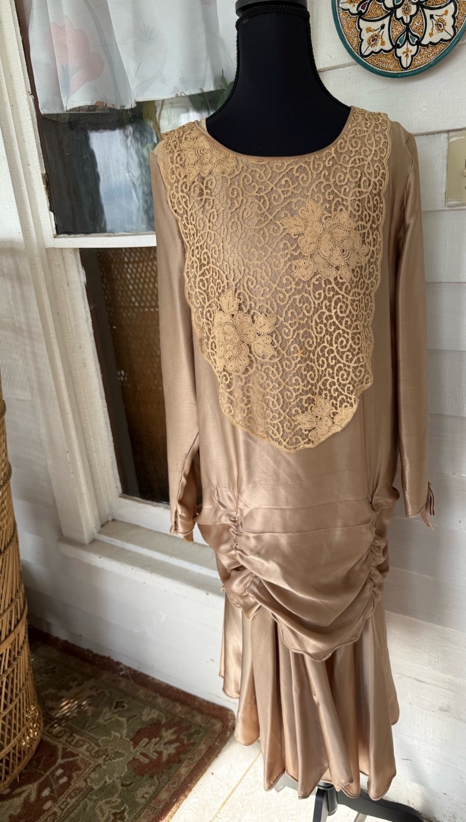 Antique 1920s Tan Silk Flapper Dress With Lace Yoke AS IS TLC Size M