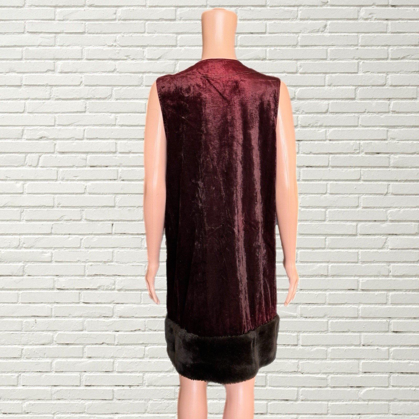 Vintage 70s Duster Vest – Ombré Velvet Fur Trim Long Vest – Hippie Glam Rock S