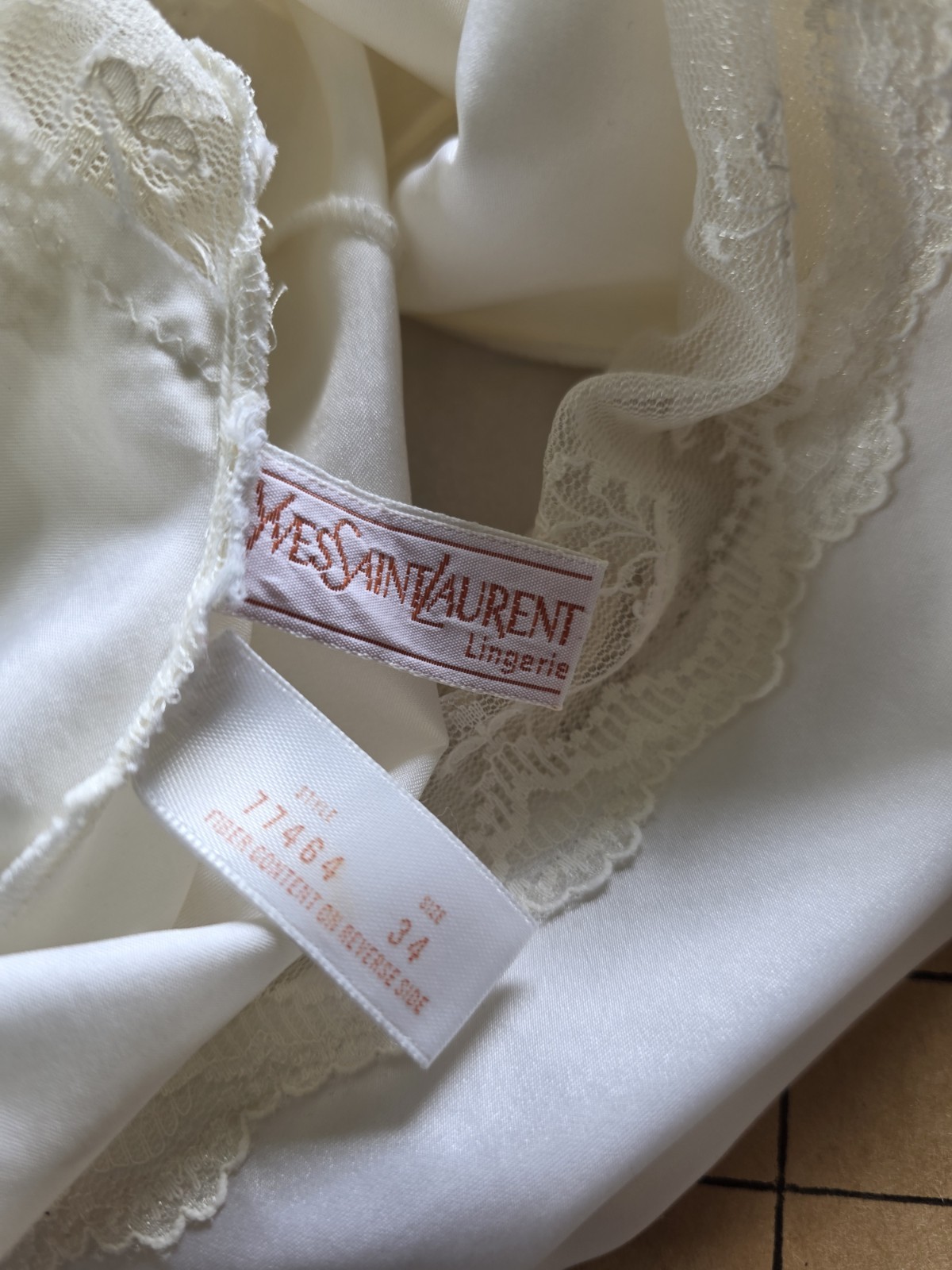 YSL Lingerie Satin Camisole 34 Embroidered Logo, Lace Trim, Vintage Made France