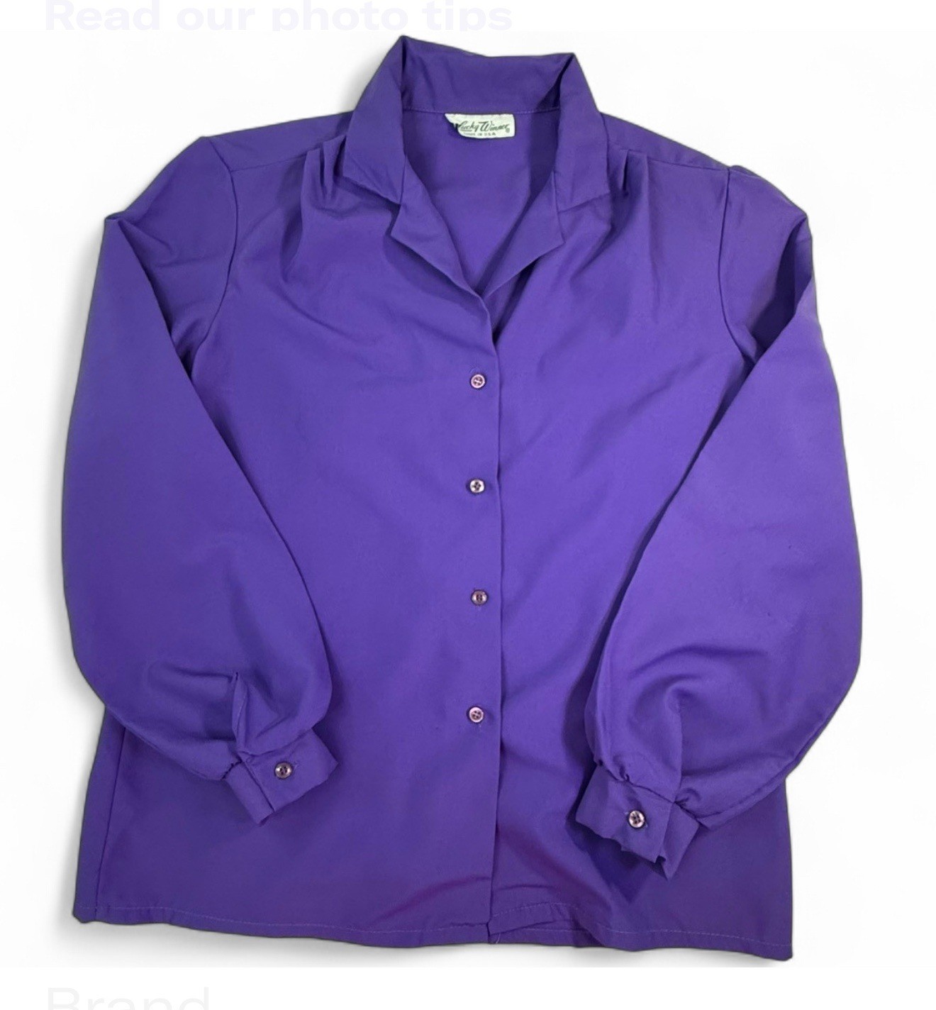 VINTAGE PURPLE LONG-SLEEVE BUTTON-UP BLOUSE, CHEST 40 IN, LENGTH 26 IN