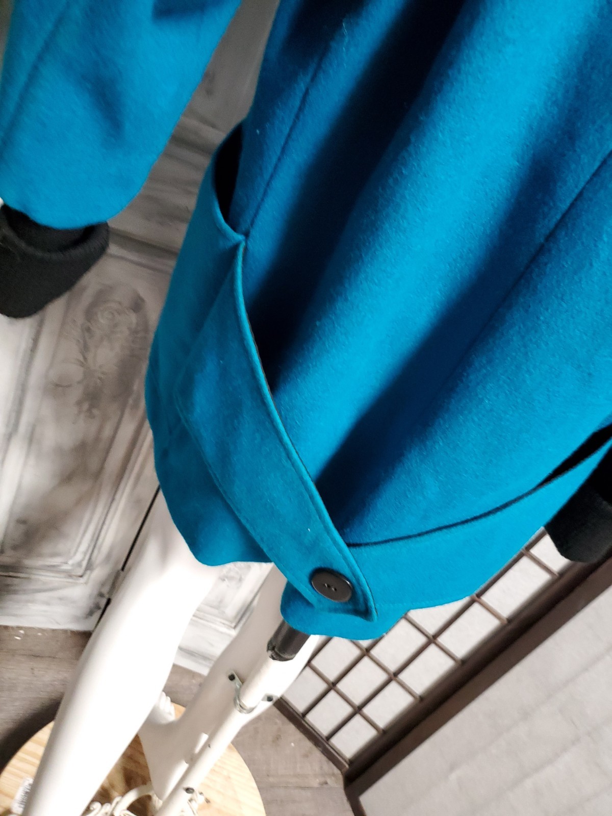 turquoise 100% Wool Casa De Lana Sweater Coat Jacket 80s Vtg M shoulder pads euc