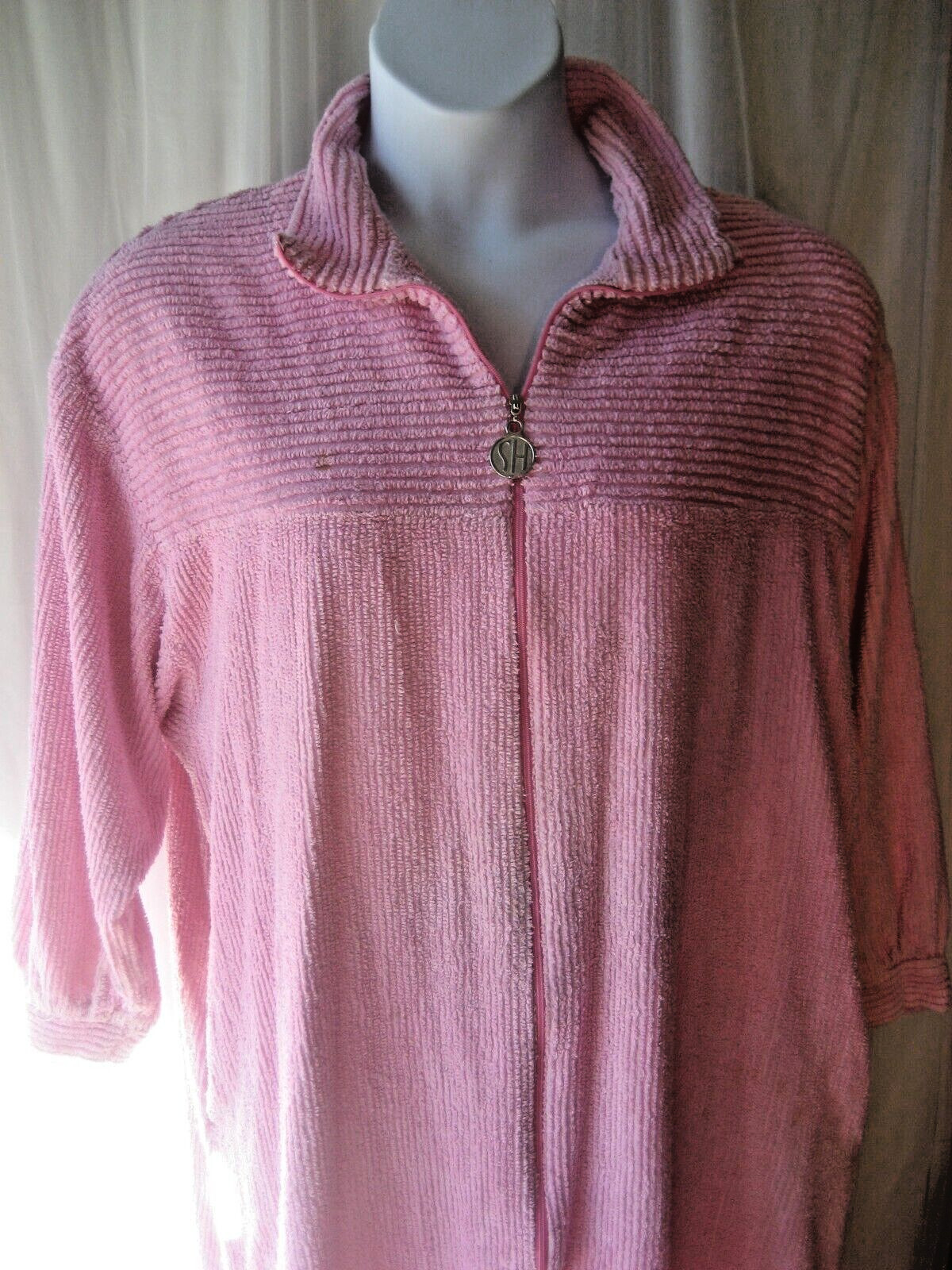 Vintage Stan Herman Chenille Robe L Full Length 3/4 Zip Dark Pink Pockets Collar