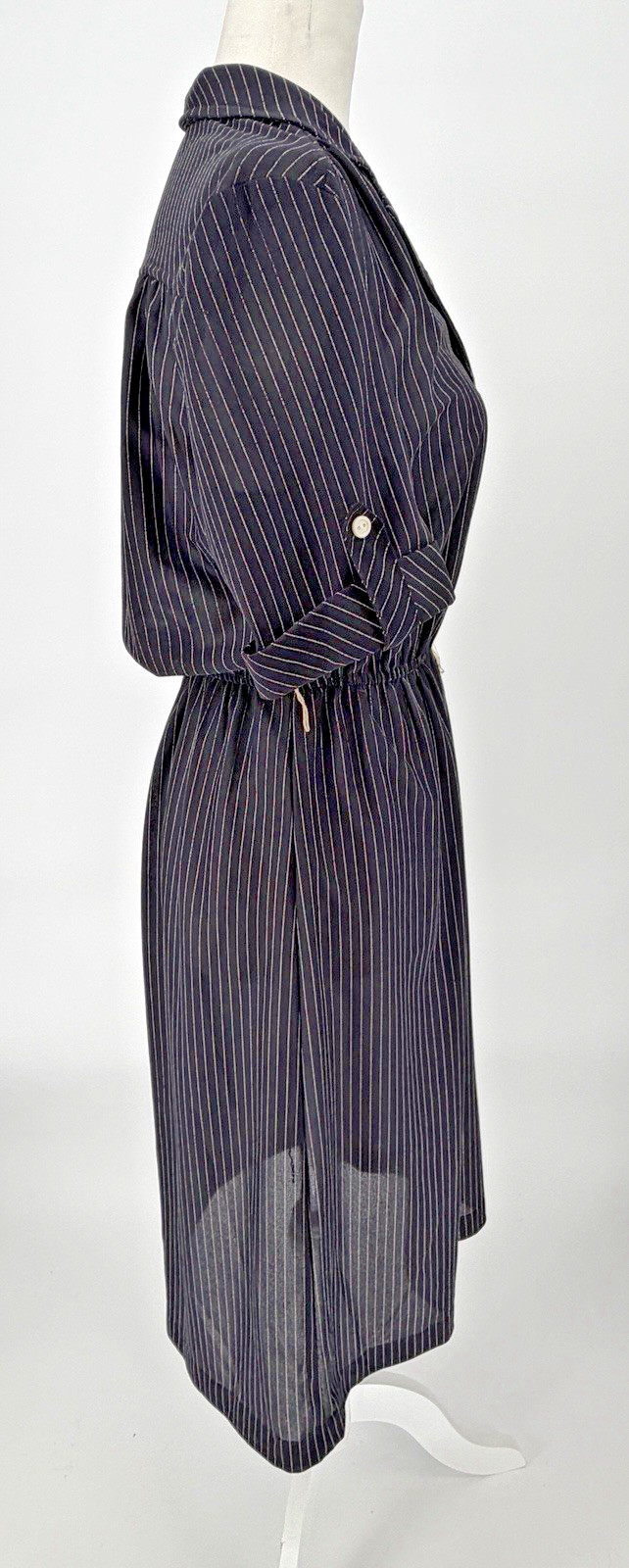 Vintage Tab-Sleeve-Black & White Pinstripe Shirtwaist dress-Size 14-No Belt