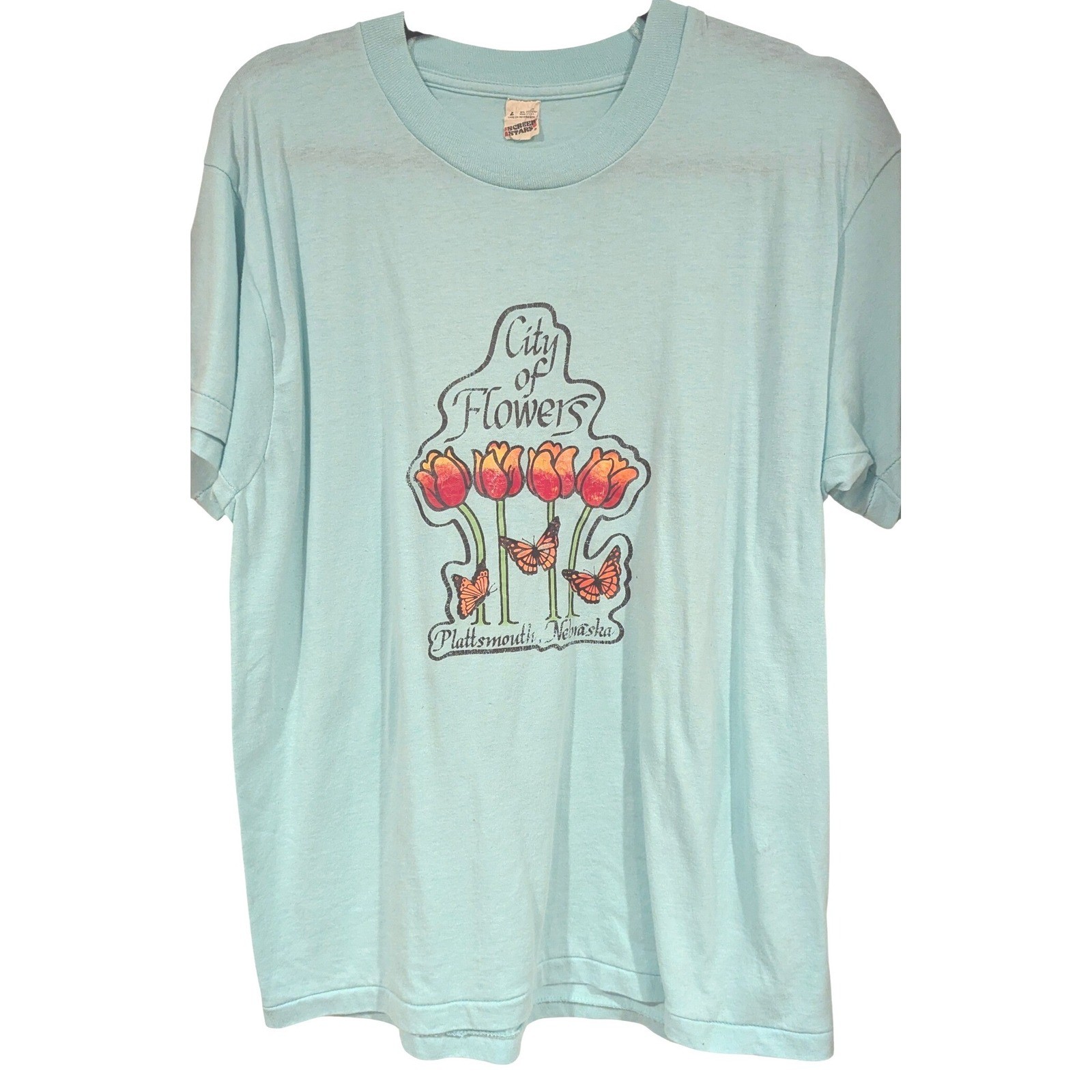 Screen Stars Vintage T Shirt XL Blue Plattsmouth City of Flowers Tulips 80s Tee