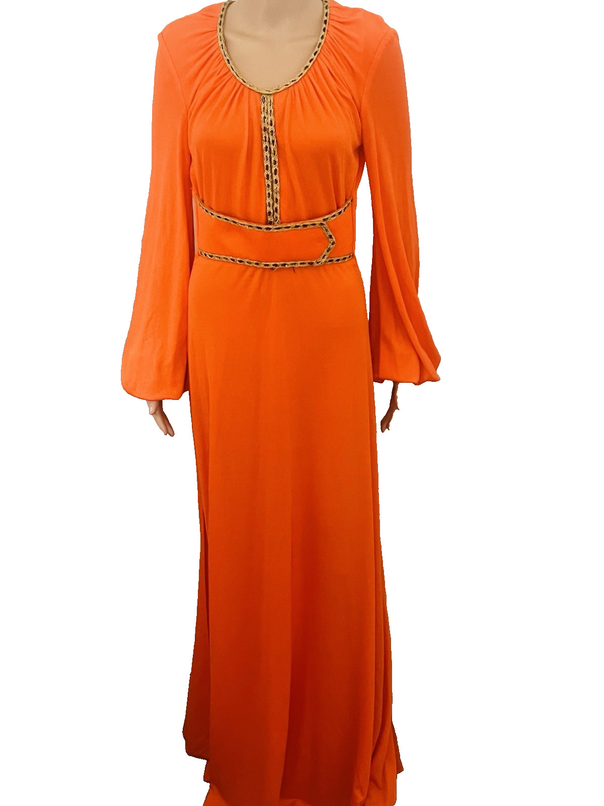 VTG 70s Funky Mod Orange Belted Maxi Dress Sexy Plunging Keyhole Front/Back Med
