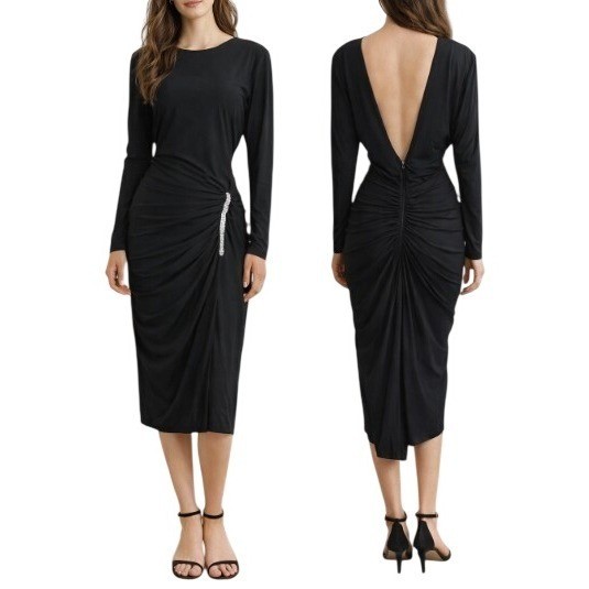 Vintage 80s Siasia New York Cocktail Dress 10 Open Back Ruched Rhinestone Accent