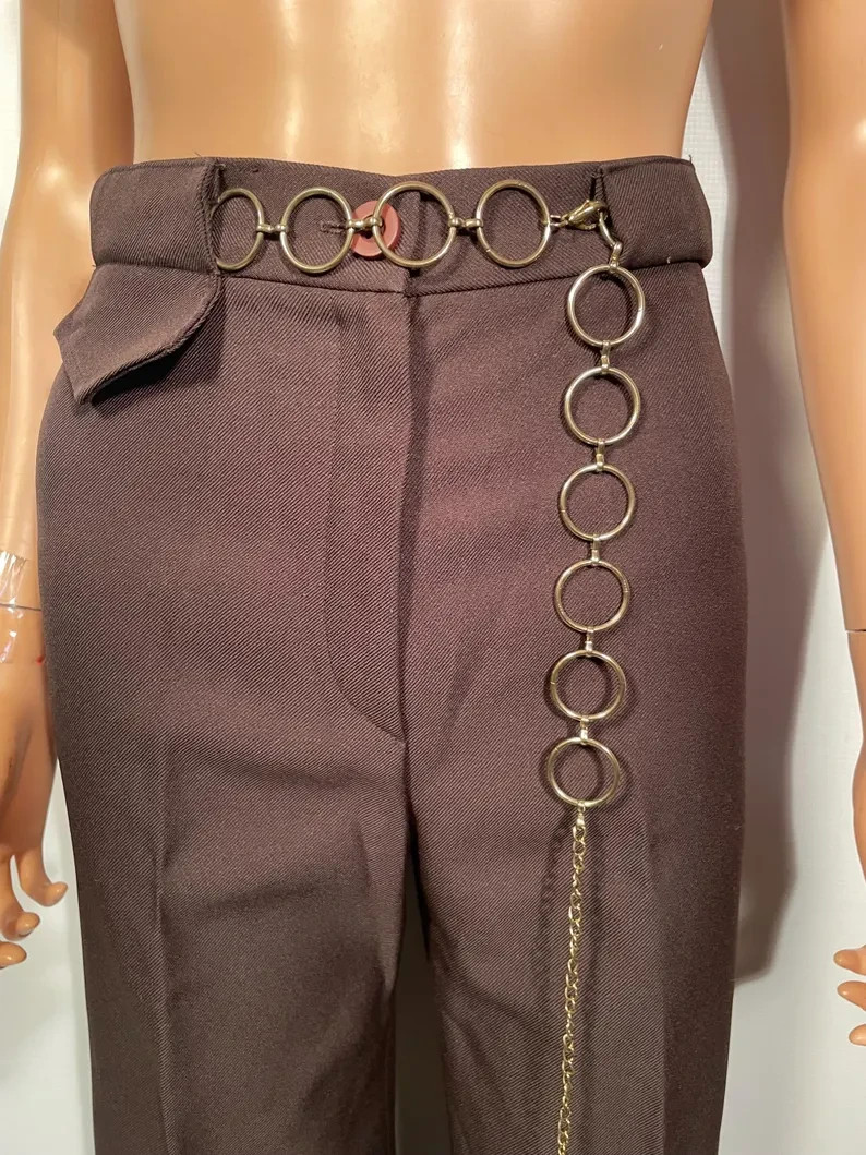 Vintage 1970s Brown Polyester Sears Jr Bazaar Bell Bottoms Wide Leg Pants 26 W