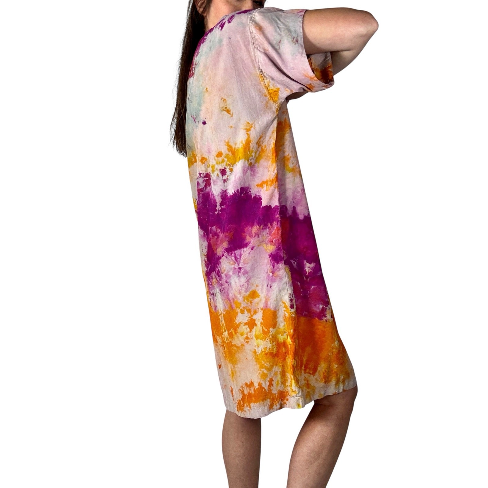 Hand Dyed Vintage 80s Lzinga Silk Shift Dress Orange Magenta Ice Dye Wood Button