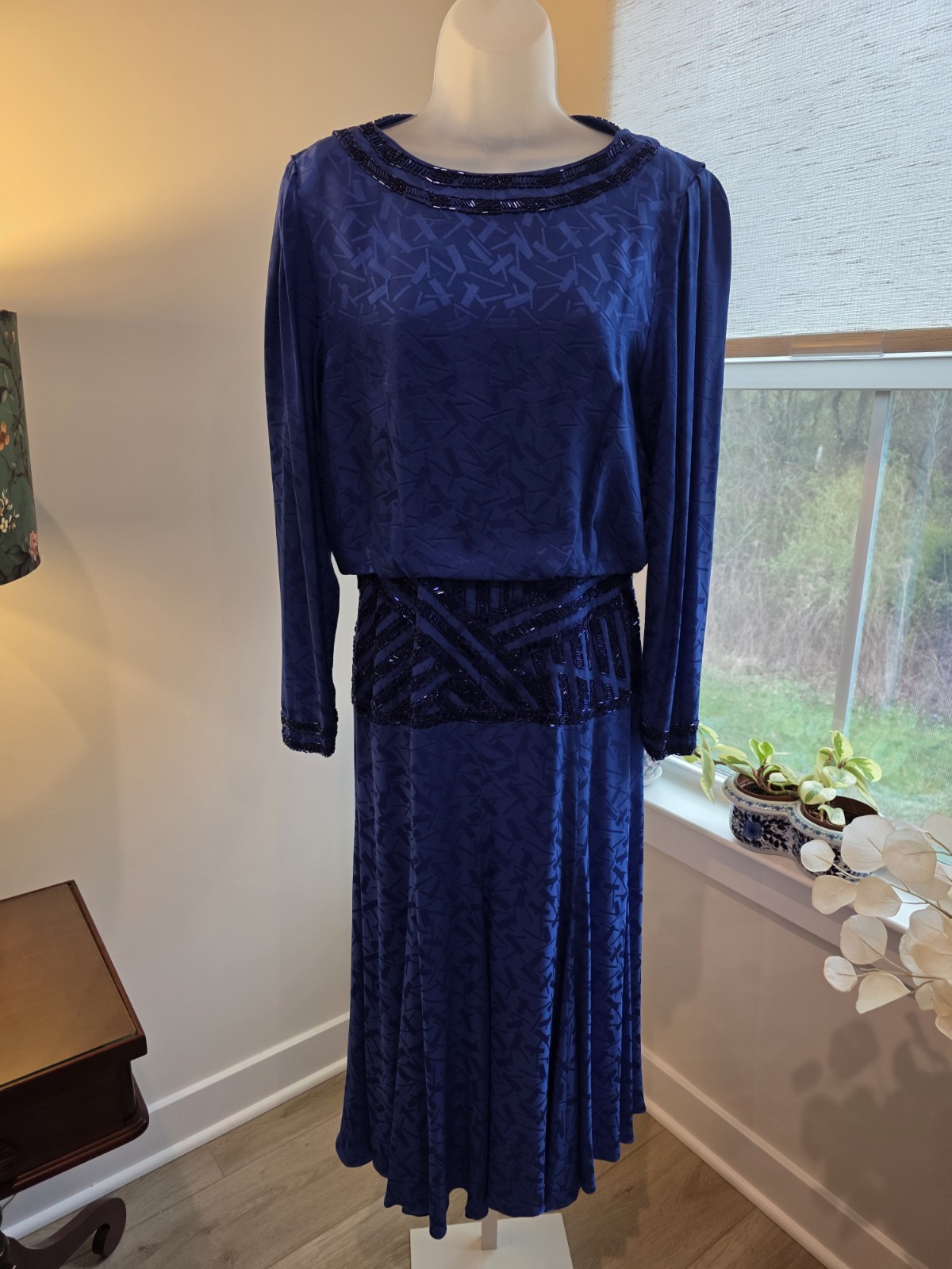 Vintage 80s Satin Print Royal Blue Maxi Cocktail Dress Open Back Sz.8/10 (M)