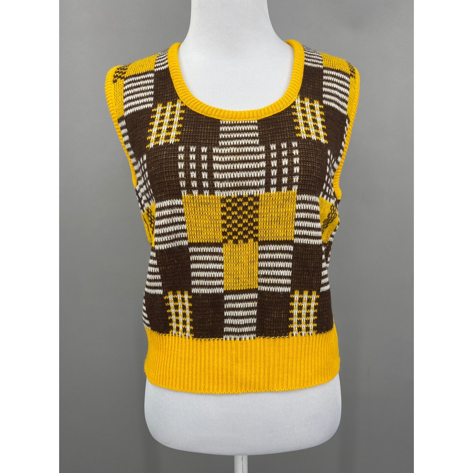 Ship &lsquo;n Shore Sweater Vest Women S Vintage 70s Yellow Brown Plaid Knit Geometric