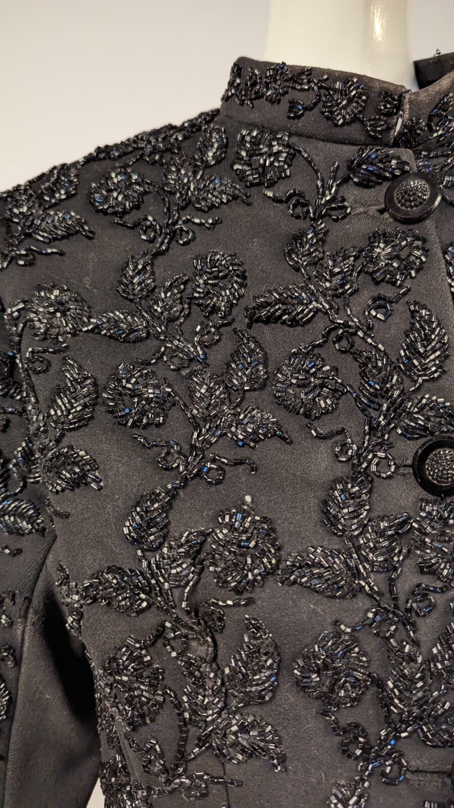 VICTORIAN 1880’S VERY HEAVY WOOL BUSTLE JACKET W FLORAL JET BEAD + FRINGE
