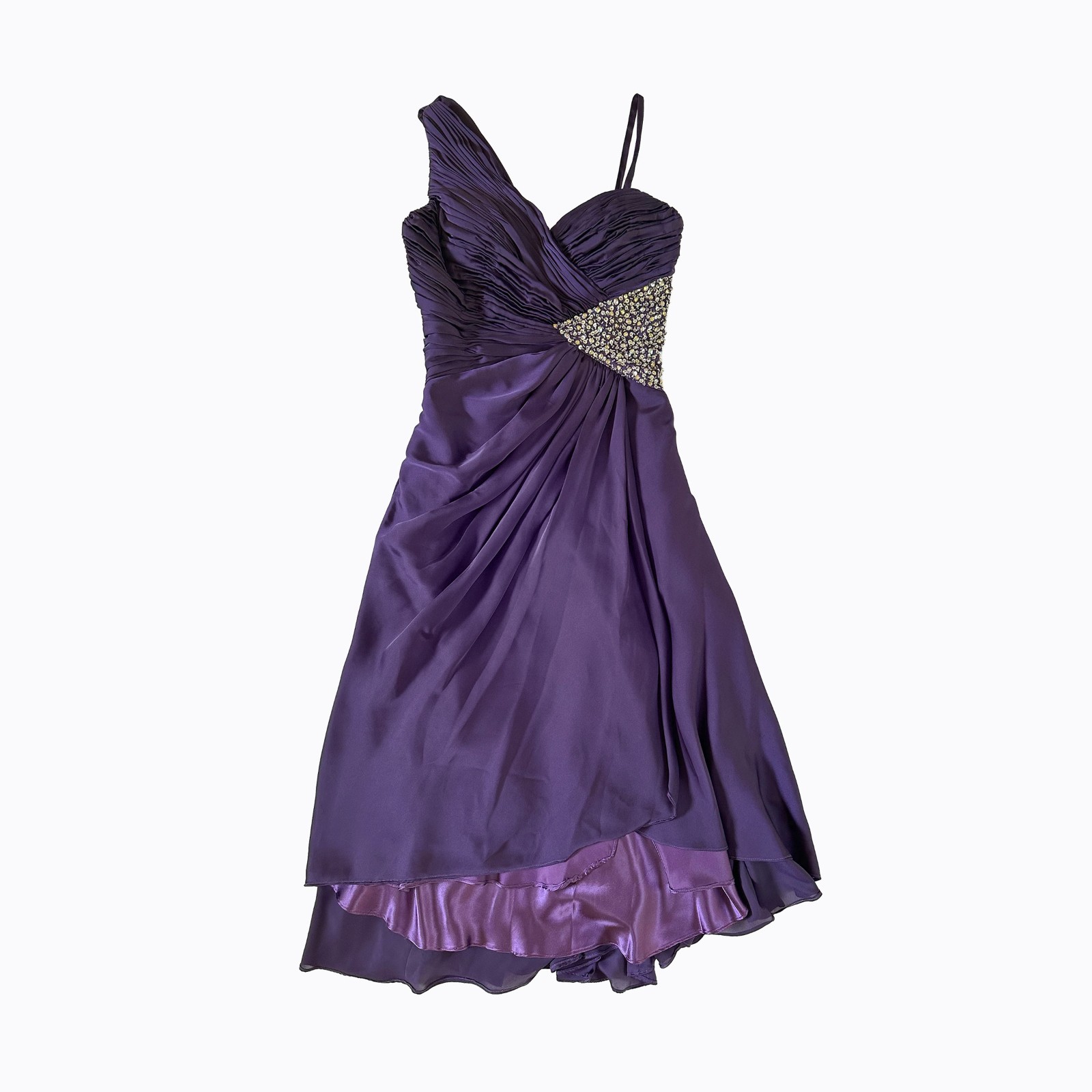 Vtg Babydoll Purple Y2K Dress XS/S Asymmetrical Ruched Top Prom Whimsigoth Fairy