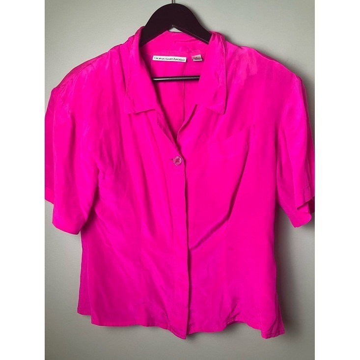 Vtg Giorgio Sant Angelo Neon Pink Short Sleeve 100% Silk Retro 80s Blouse Size 8