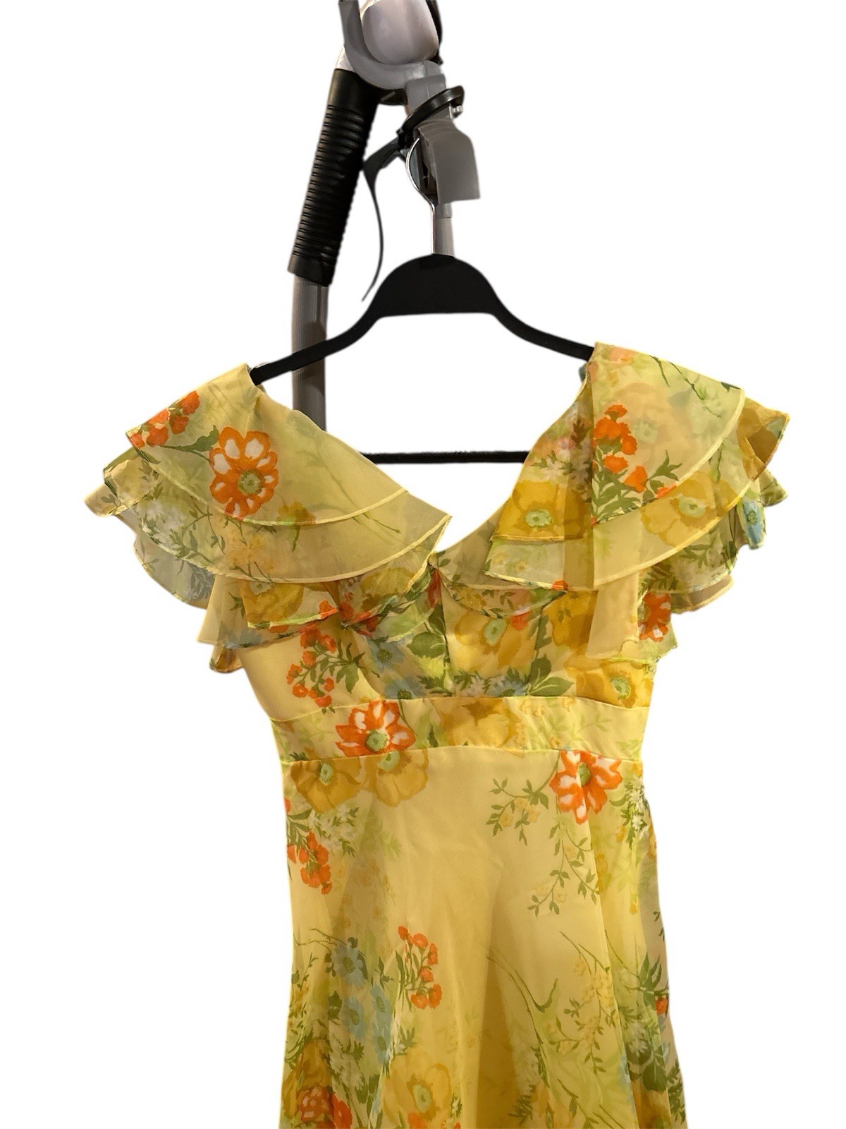 Vintage 70’s Bridesmaid Dress Sunny Yellow Floral Chiffon Floor Length 26” Waist