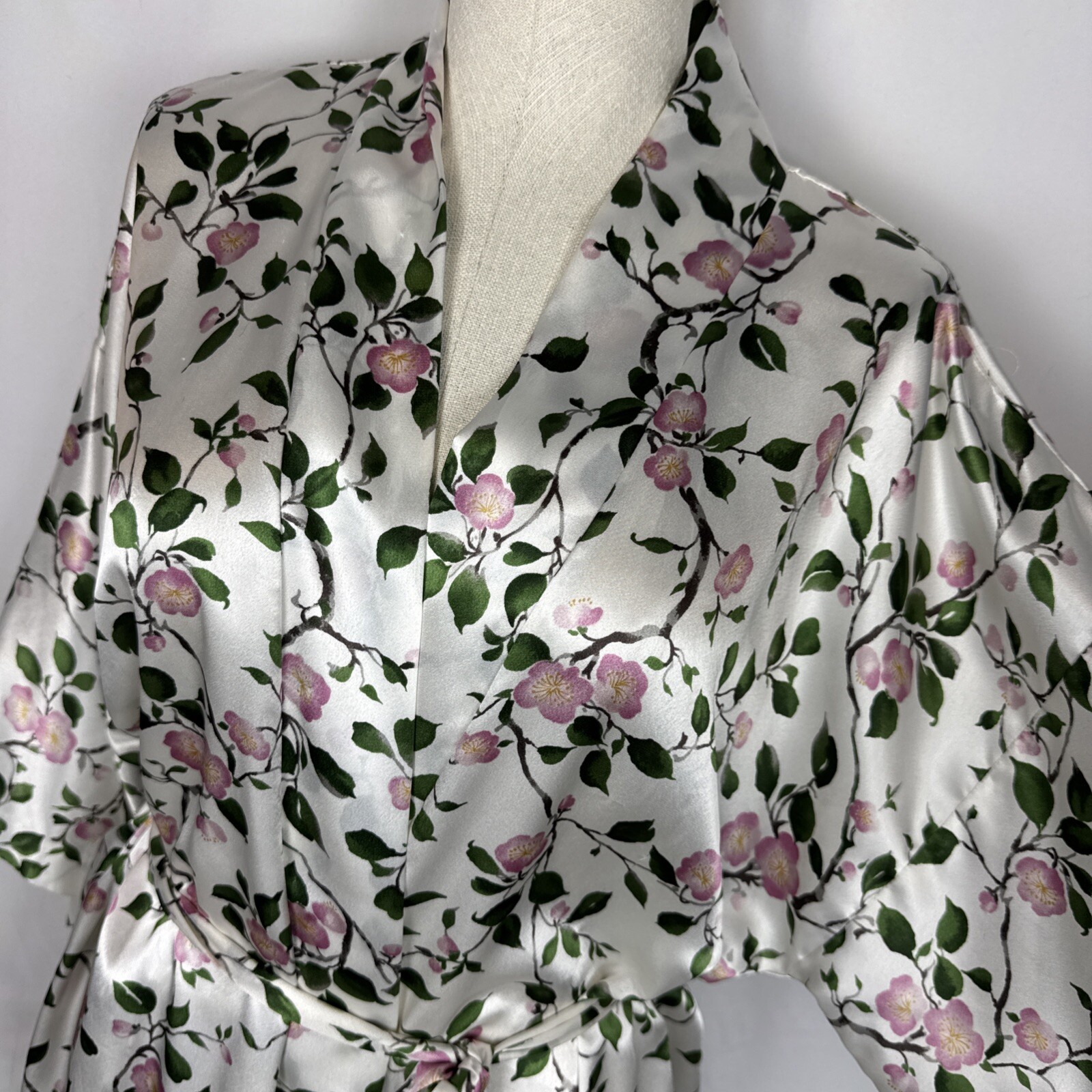 Vintage California Dynasty Long Satin LARGE Kimono Cherry Blossom Robe +Belt