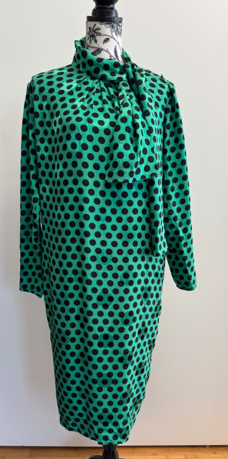Vintage Emanuel Ungaro Ter silk green black polka dot dress size 6