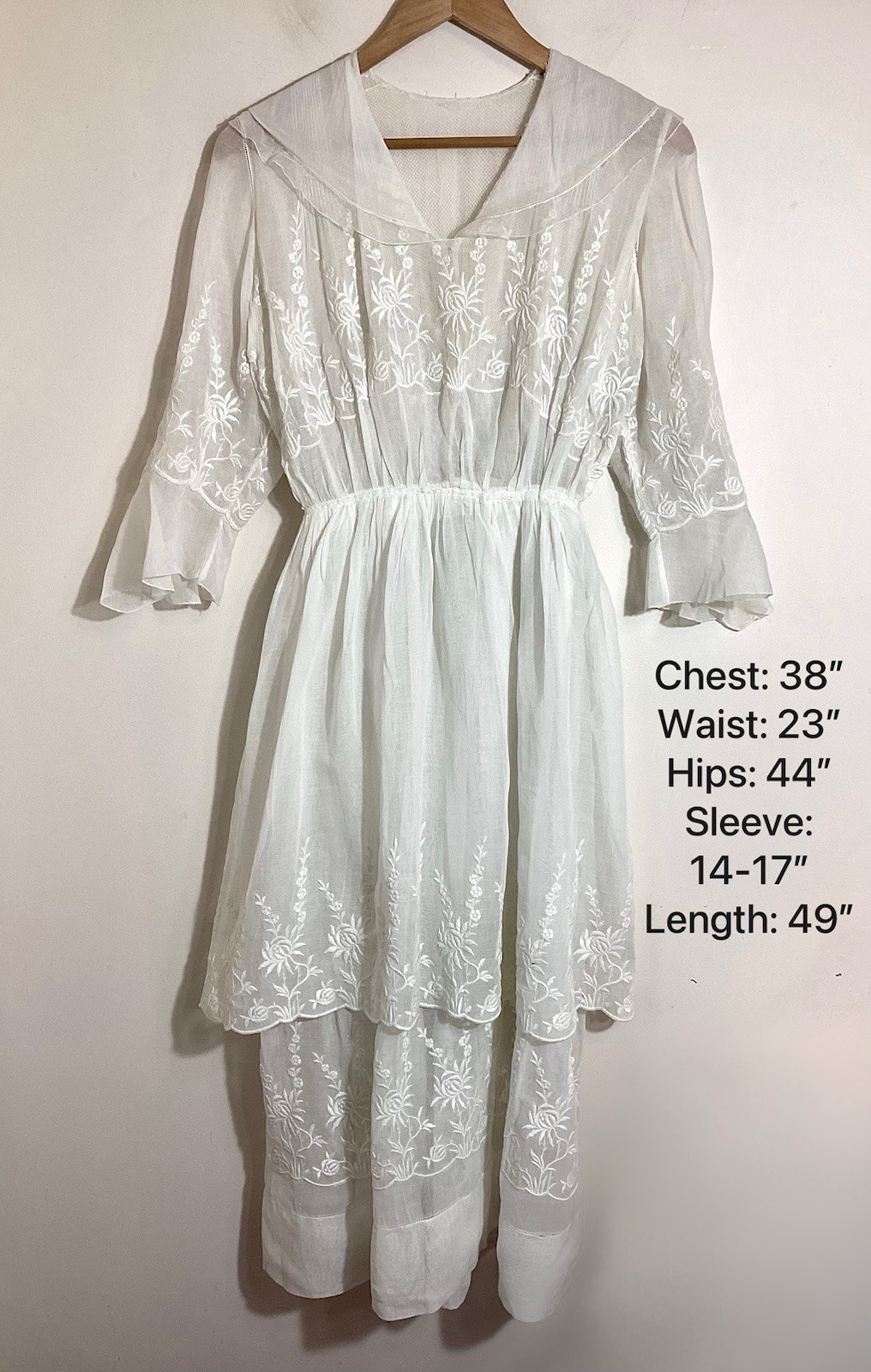 Edwardian 1910s Cotton Gauze Tea Gown Tiered Summer Dress Embroidery Mesh Ruffle