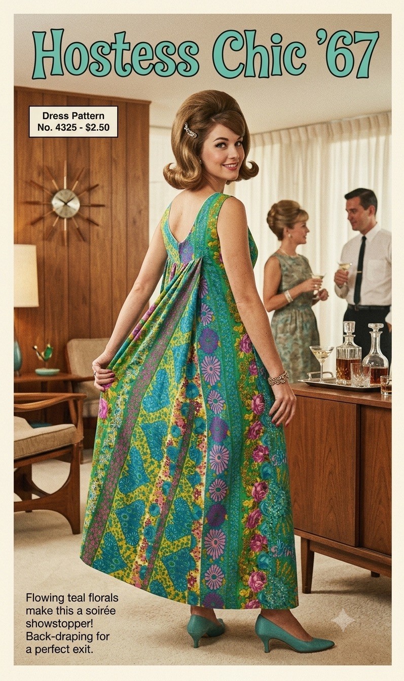Vintage 1960s Rhapsody California Floral Barkcloth Waterfall Wiggle Dress Medium