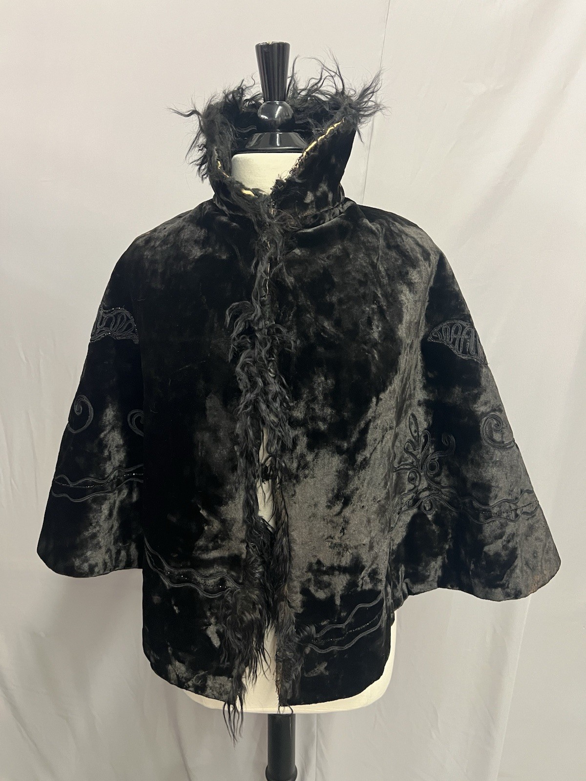 1890’s Antique Black Plush Velvet Cape Narrow Soutach & Jet Bead Trim