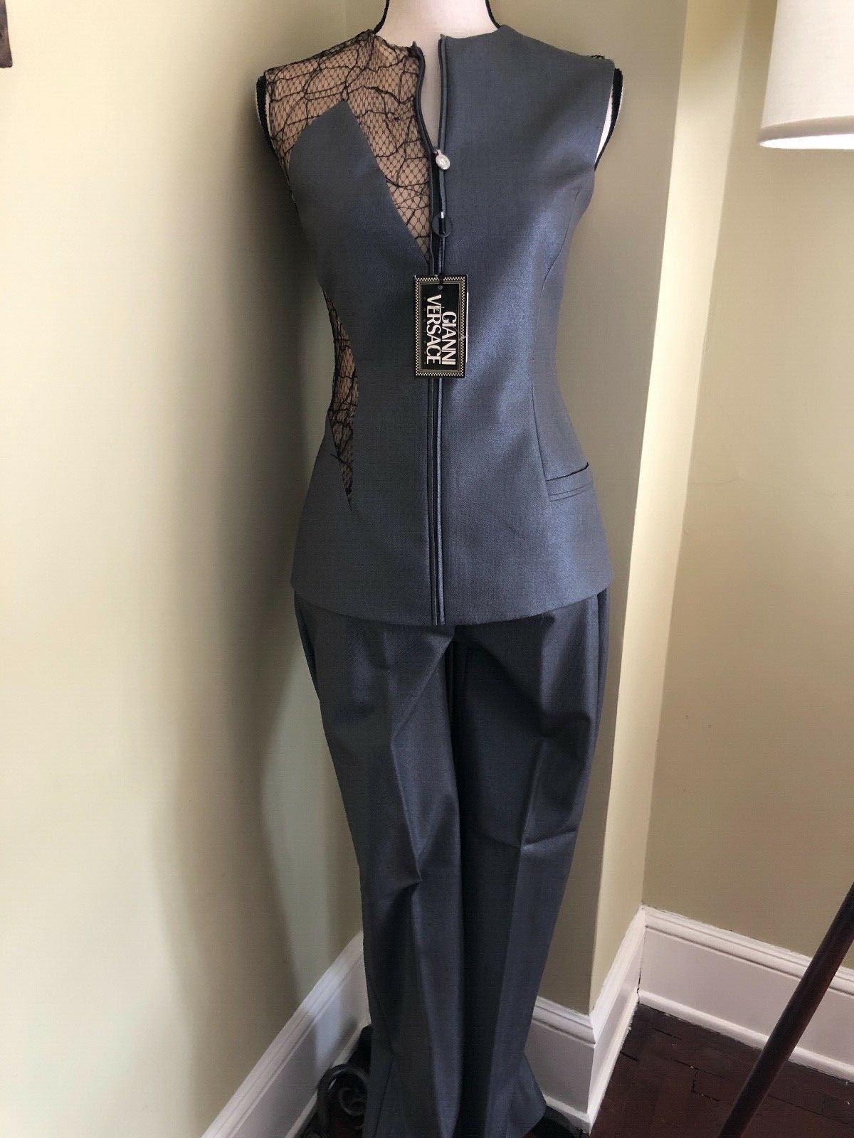 NWT RARE GIANNI VERSACE COUTURE GREY METALLIC MESH PANT SUIT (Size 40 IT)