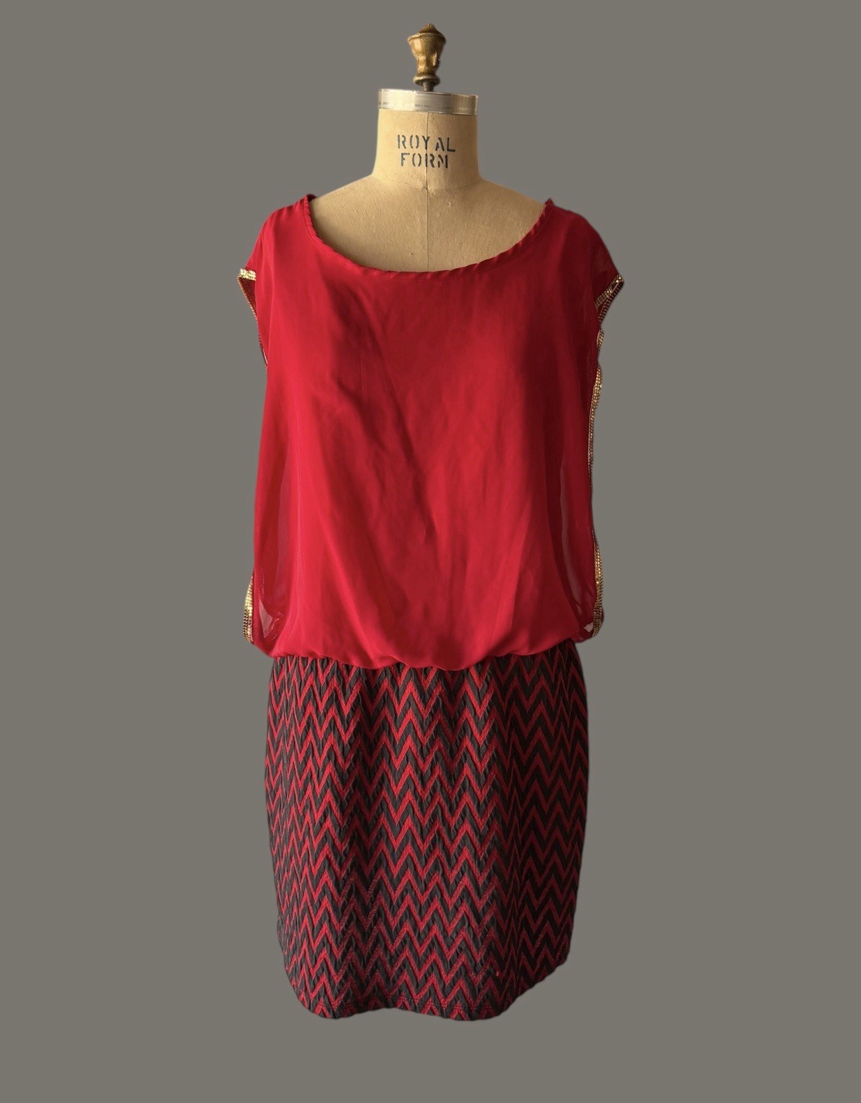 Vintage Celine by Champion Dress Red with Chevron Pattern Gold Trim
