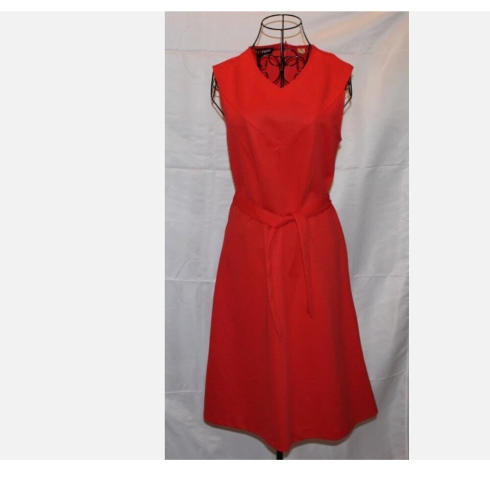 Russ Togs Red Orange Sleeveless Belted Dress M Back Zip Polyester Vintage &rsquo;70&rsquo;s
