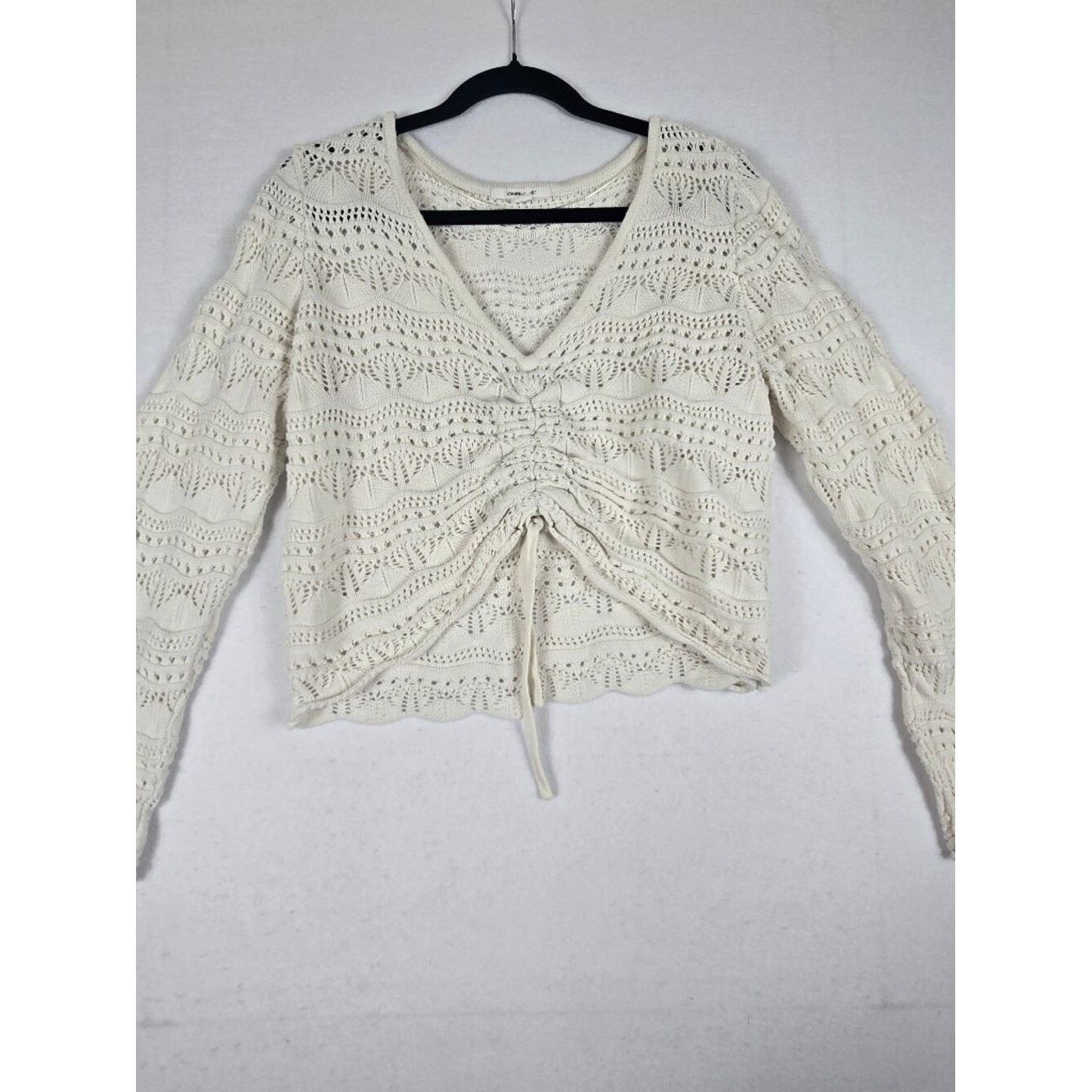O&rsquo;Neill Pointelle Knit Sweater Womens L White Excellent Cinched Front Boho (O1)