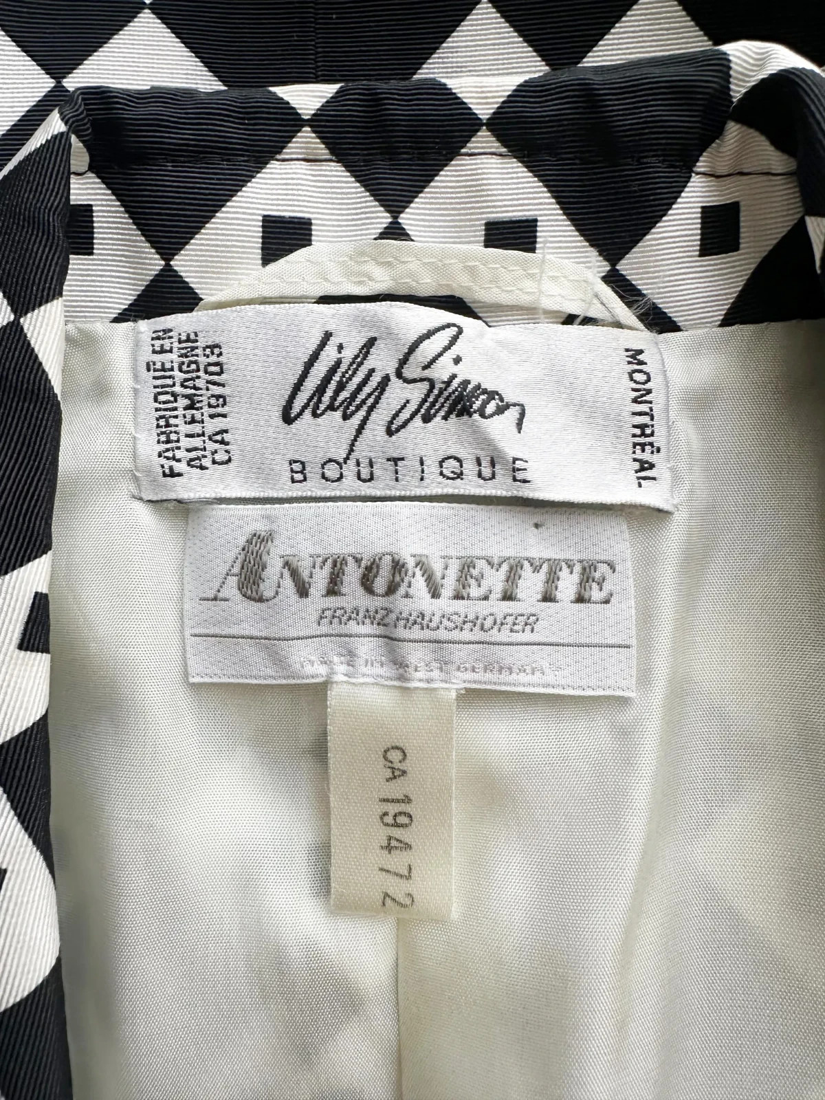 Antonette 1980s Black White Geometric Op-Art Print Faille Vintage Blazer Jacket