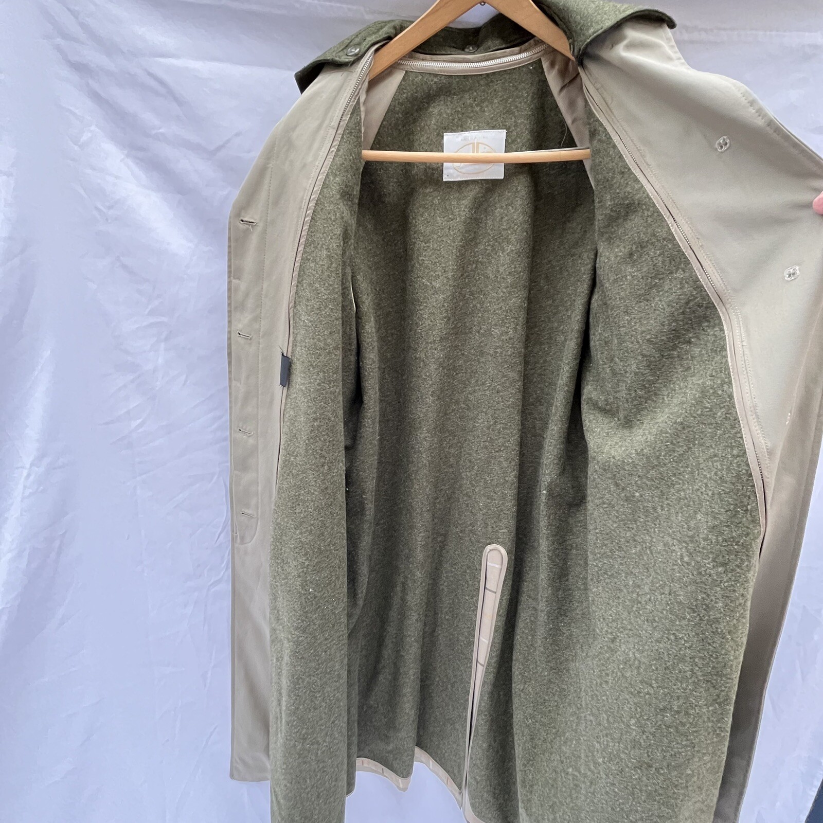 SALKO Austria Wool Cotton Trench Coat Womens 8 EUR38 Khaki Removable Lining Vtg