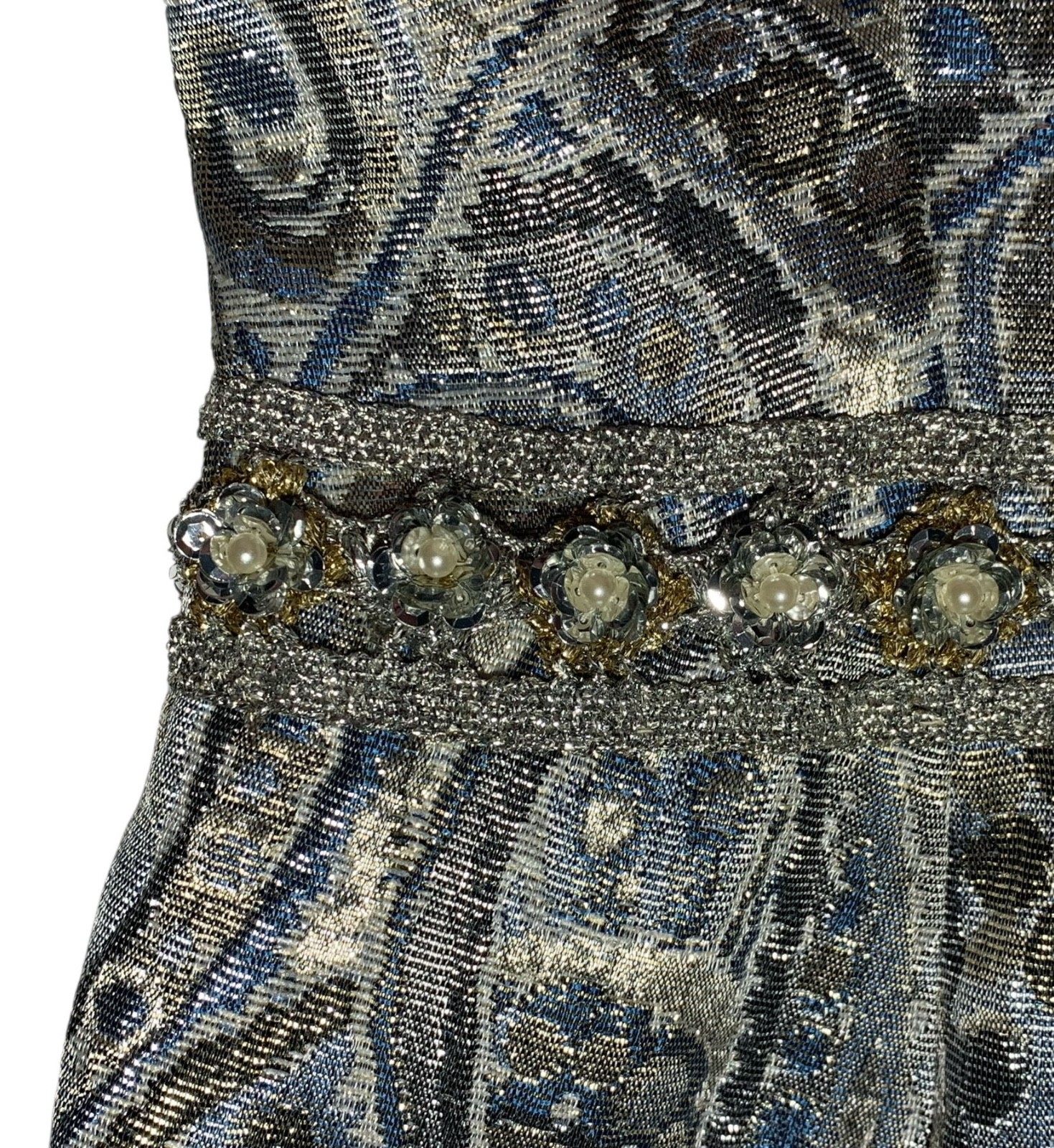 Vintage 60s/70s Women&rsquo;s Empire Waist Metallic Paisley Brocade Dress – Size XS/S