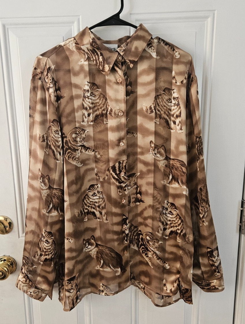 Vintage Bonworth Shear Polyester Cat Print Long Sleeve Button Down sz XL