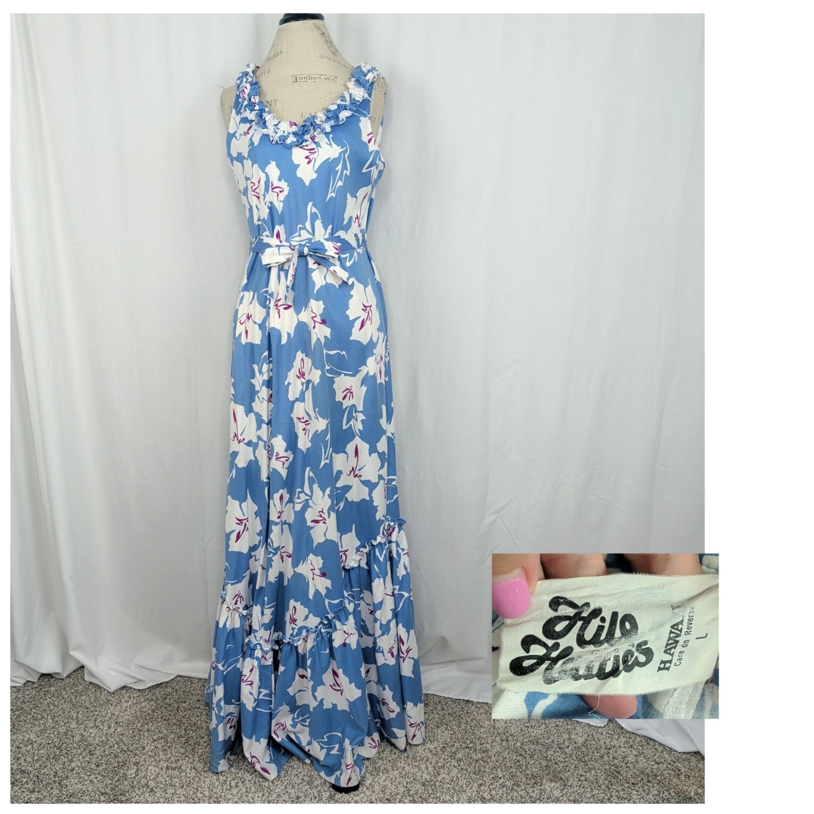 Vintage 90s Hilo Hattie Hawaiian Dress Large Blue Floral